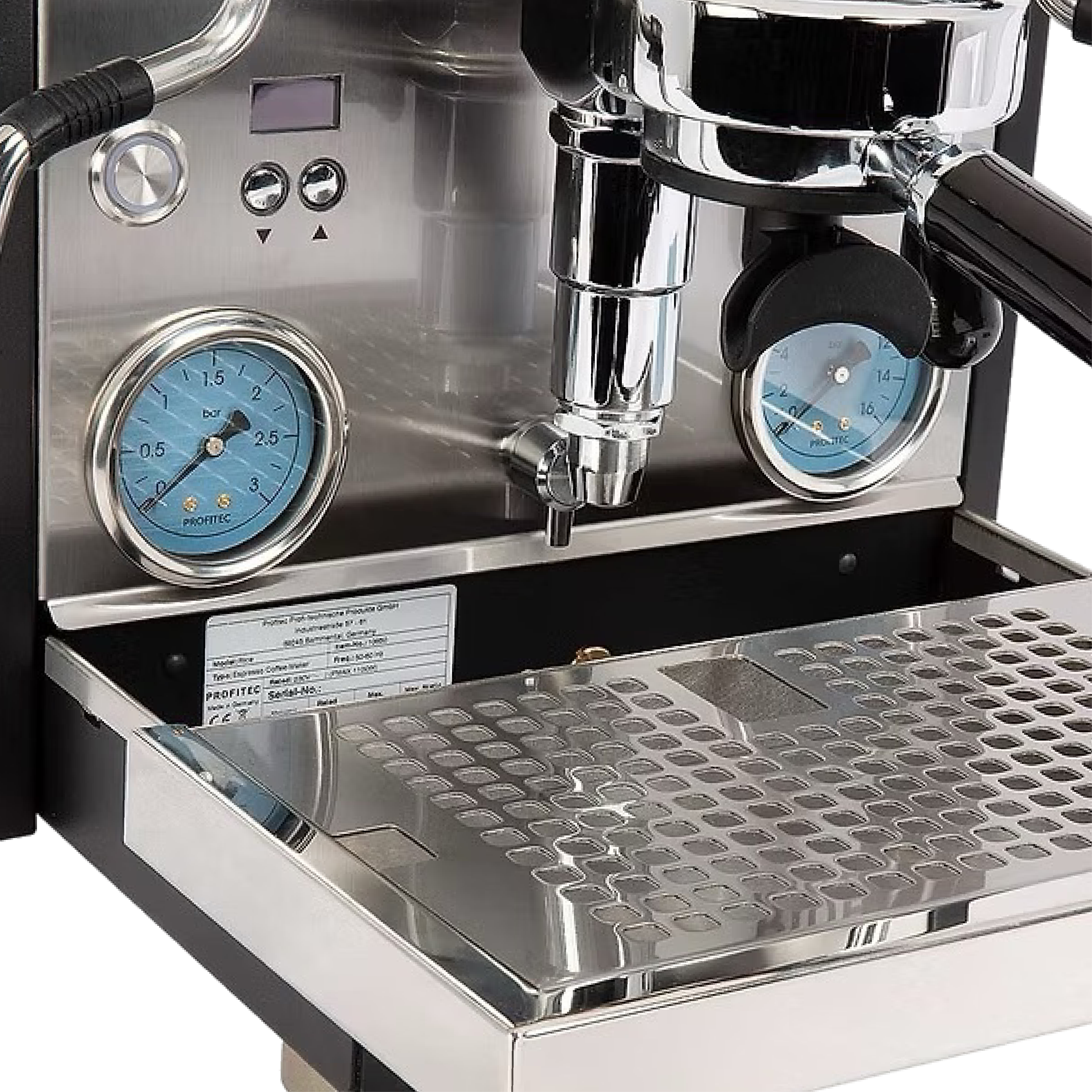 Profitect RIDE Dual Boiler Espresso Machine. Close-up of front panel featuring dual blue pressure gauges for boiler and pump, PID display, and stainless steel drip tray.