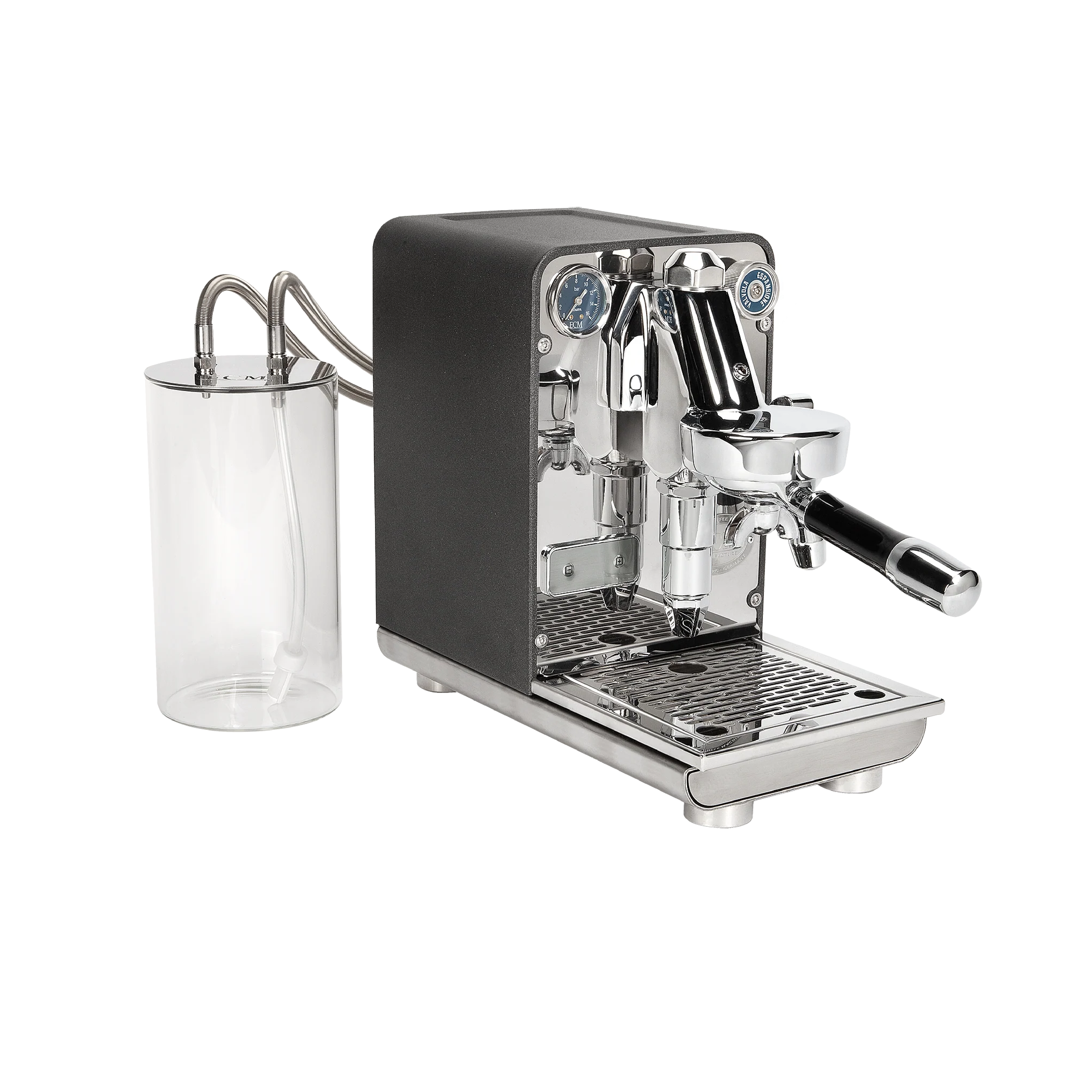 ECM Puristika Espresso Machine. Side view of the machine with glass water tank on the right side.