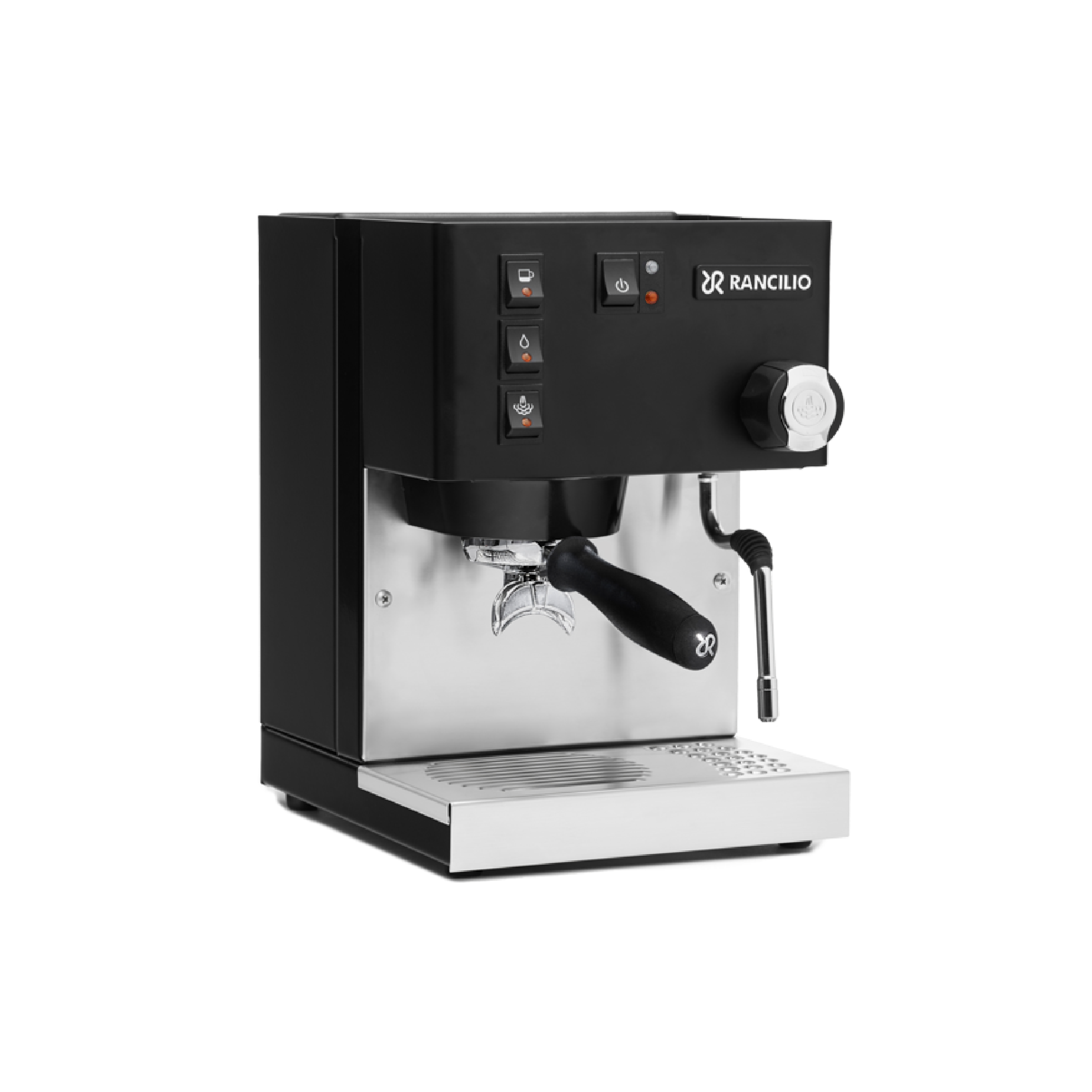 Rancilio Silvia V6 2020 Edition Espresso Machine in black. Front view of the machine.