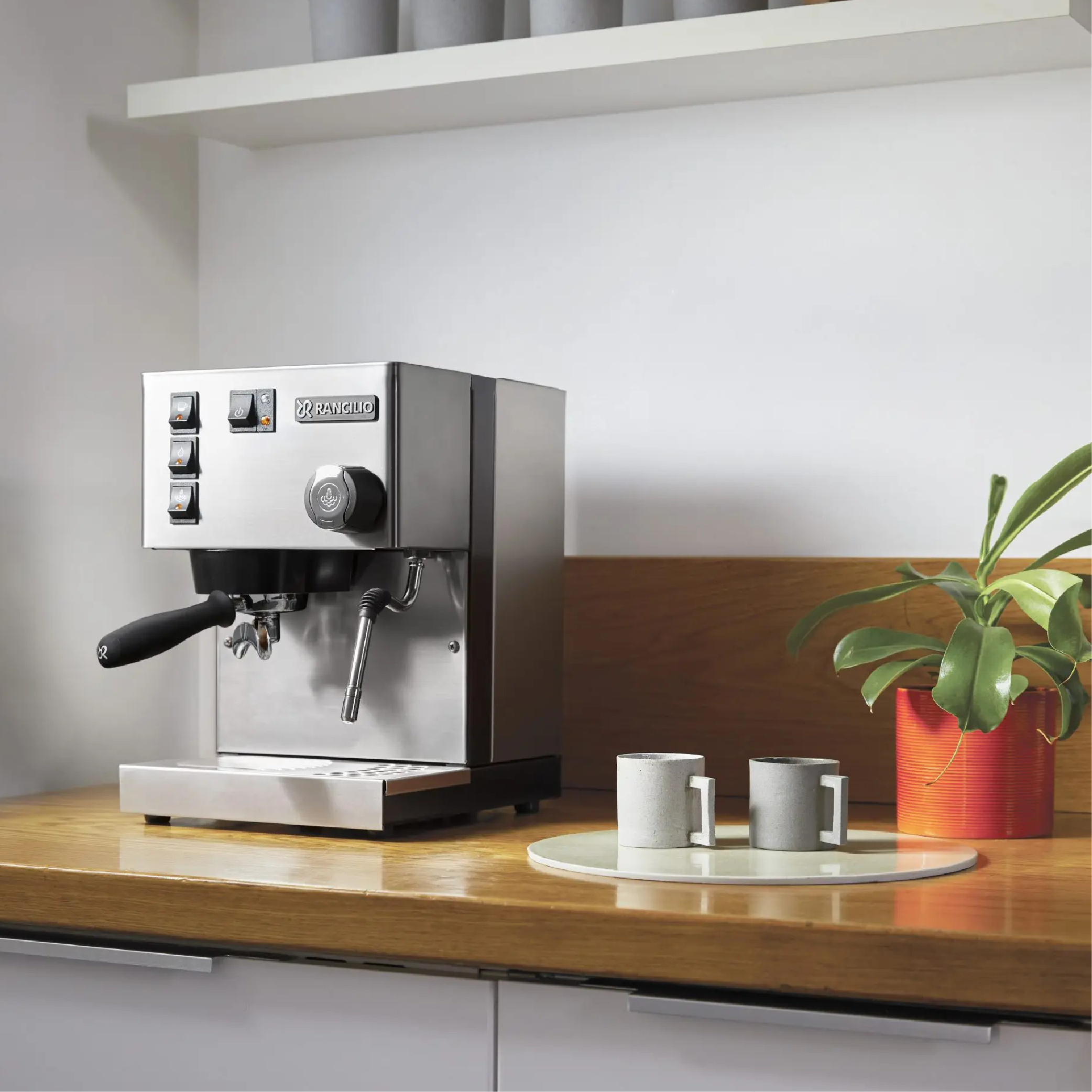 Rancilio Silvia V6 2020 Edition Espresso Machine in inox. Front view of the machine on countertop.