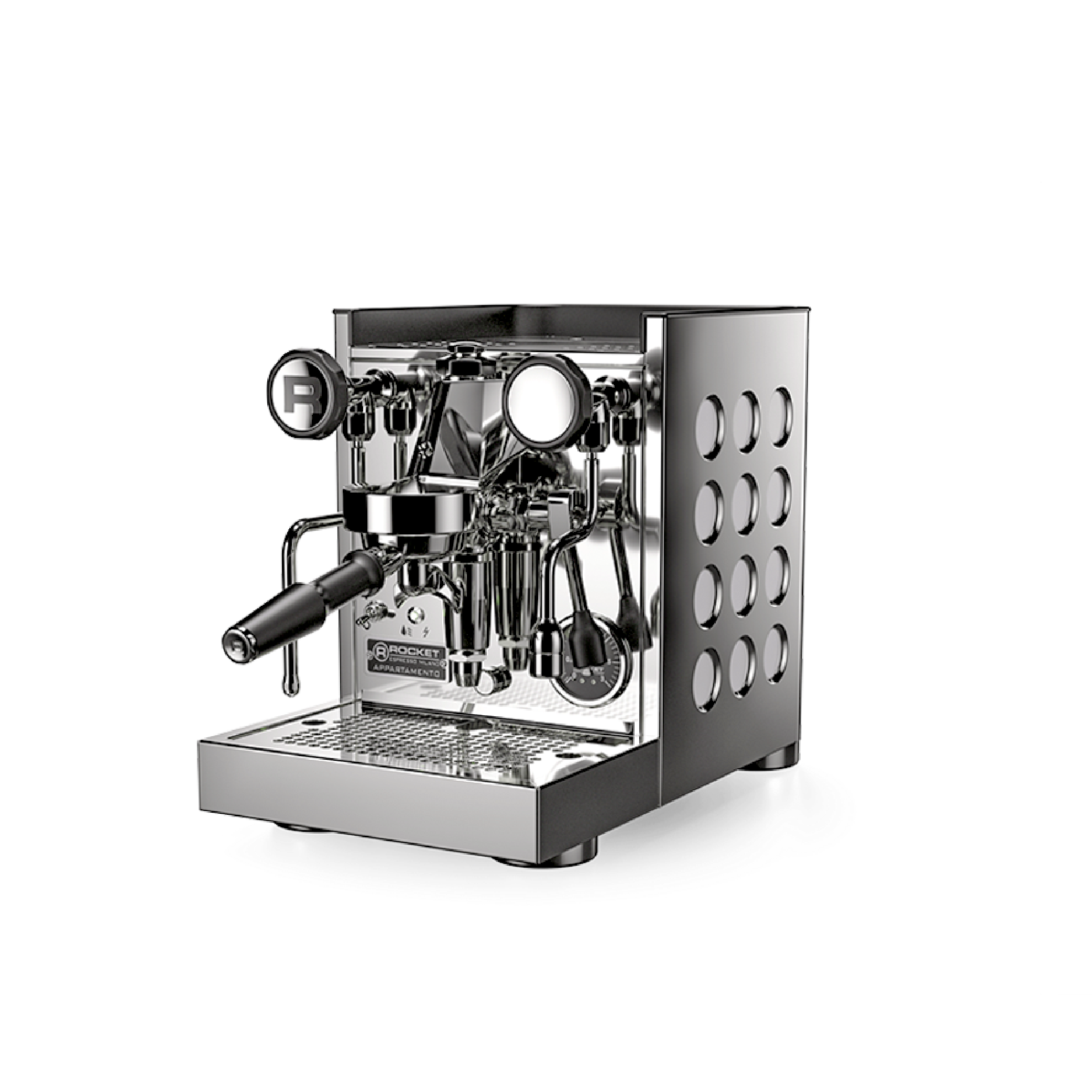 Rocket Appartamento TCA Espresso Machine in stainless steel with white circular side panel. Front view of the machine.