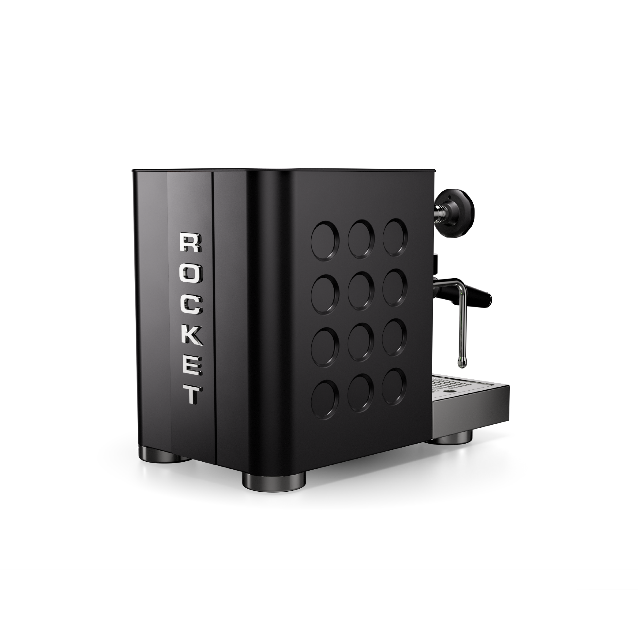 Rocket Appartamento TCA Espresso Machine in black with black circular side panel. Back view of the machine.