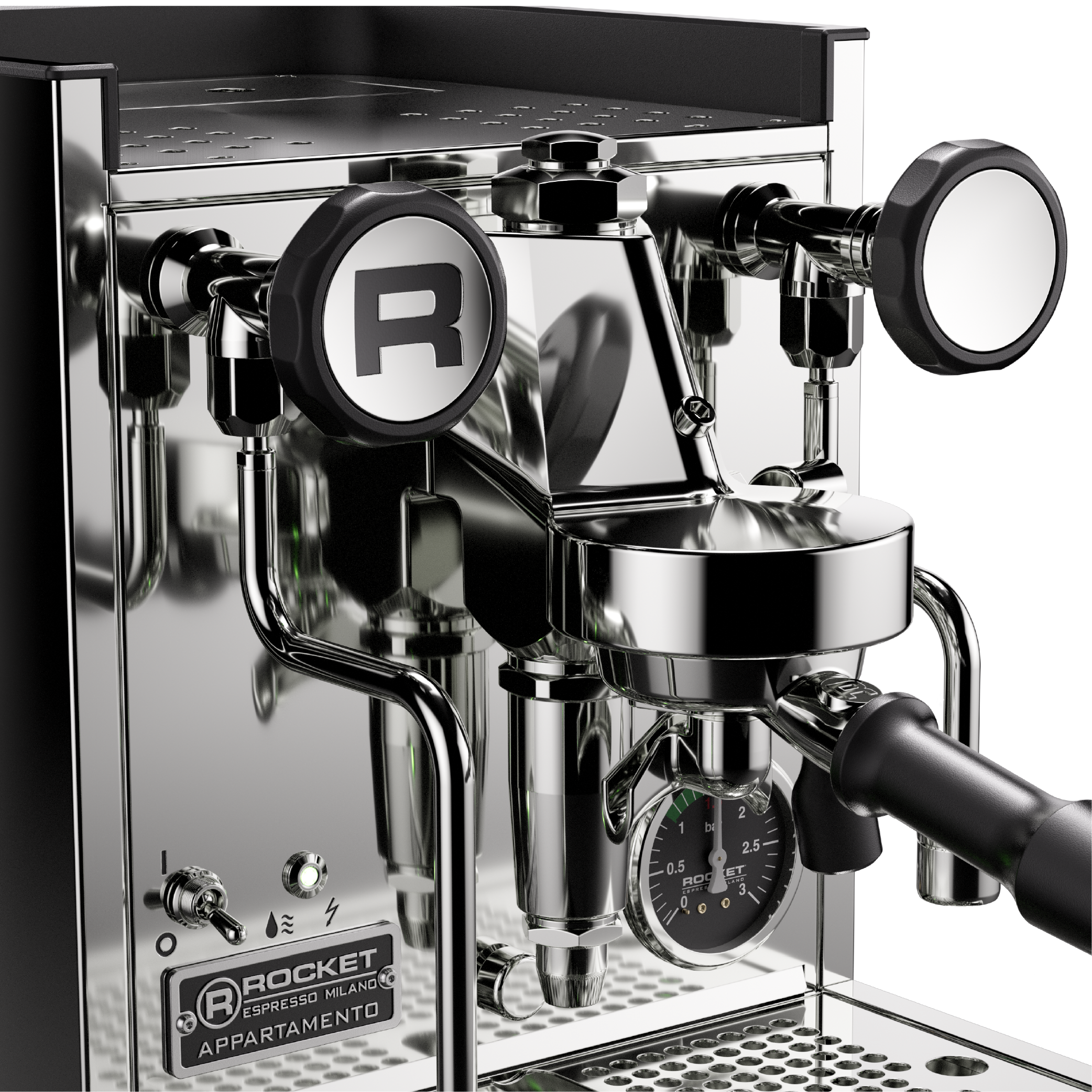 Rocket Appartamento TCA Espresso Machine. Close up of the steam knob, E61 grouphead and pressure gauge. 