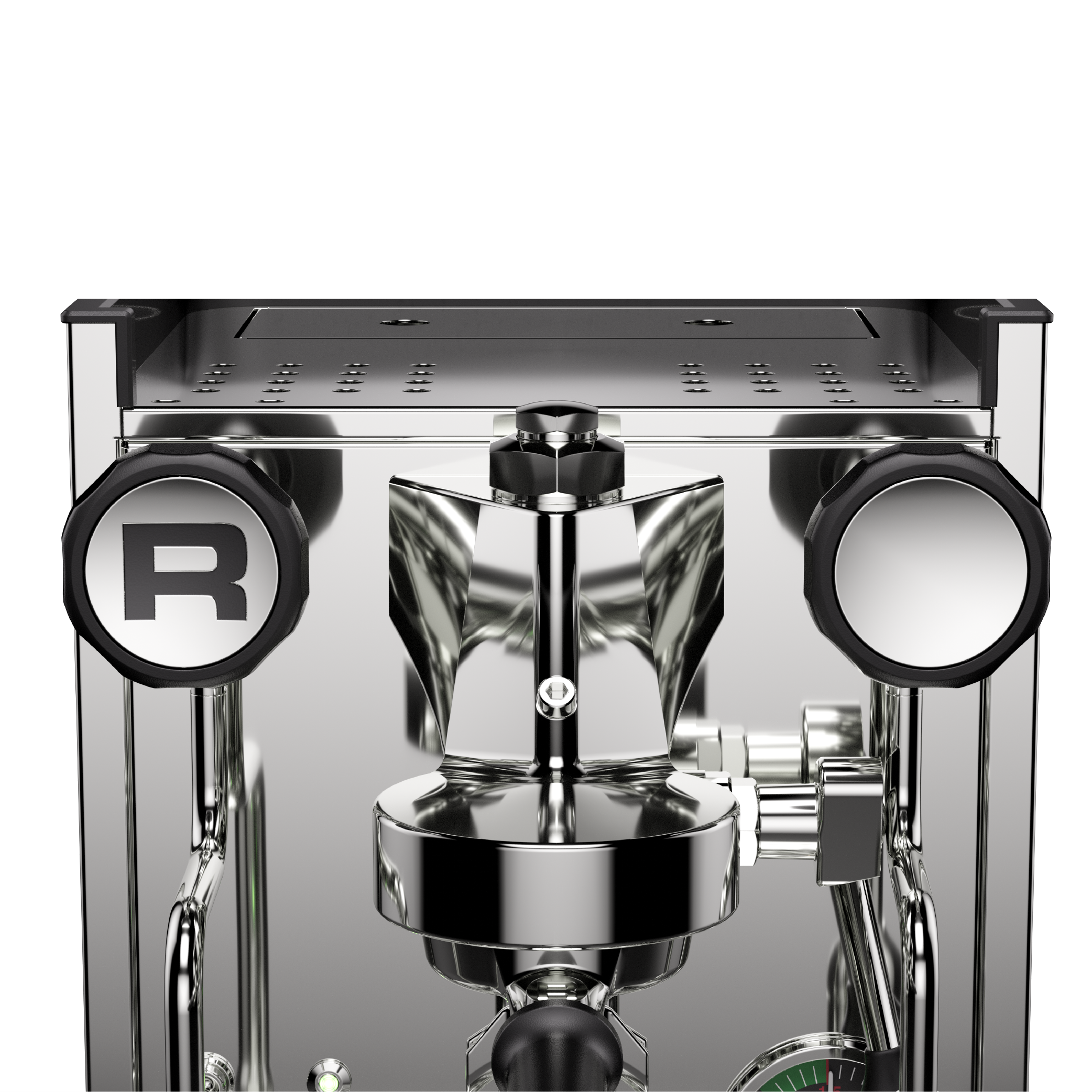 Rocket Appartamento TCA Espresso Machine. Close up of the steam knob, E61 grouphead and cup warming tray.