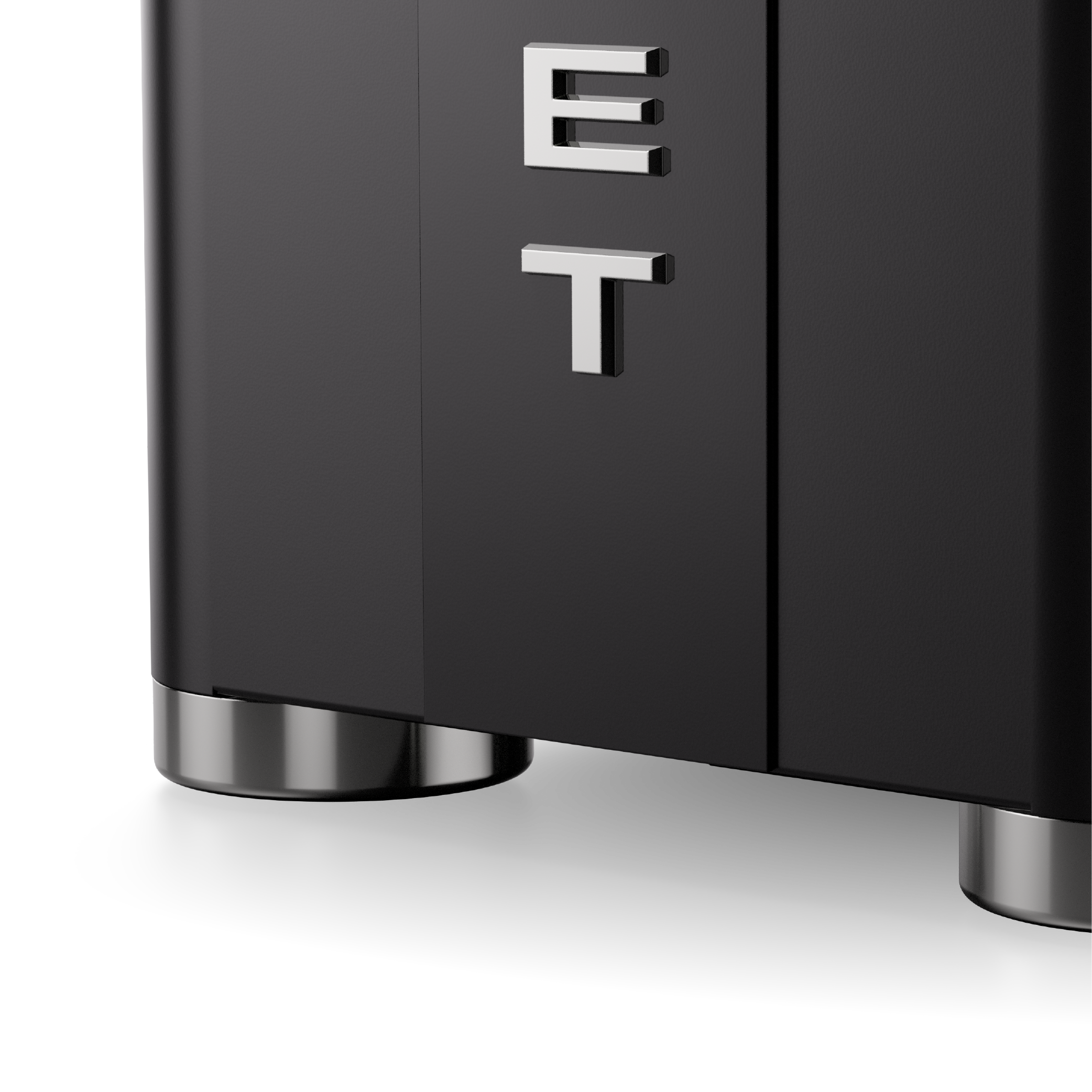 Rocket Appartamento TCA Espresso Machine. Close up of polished stainless steel feet.