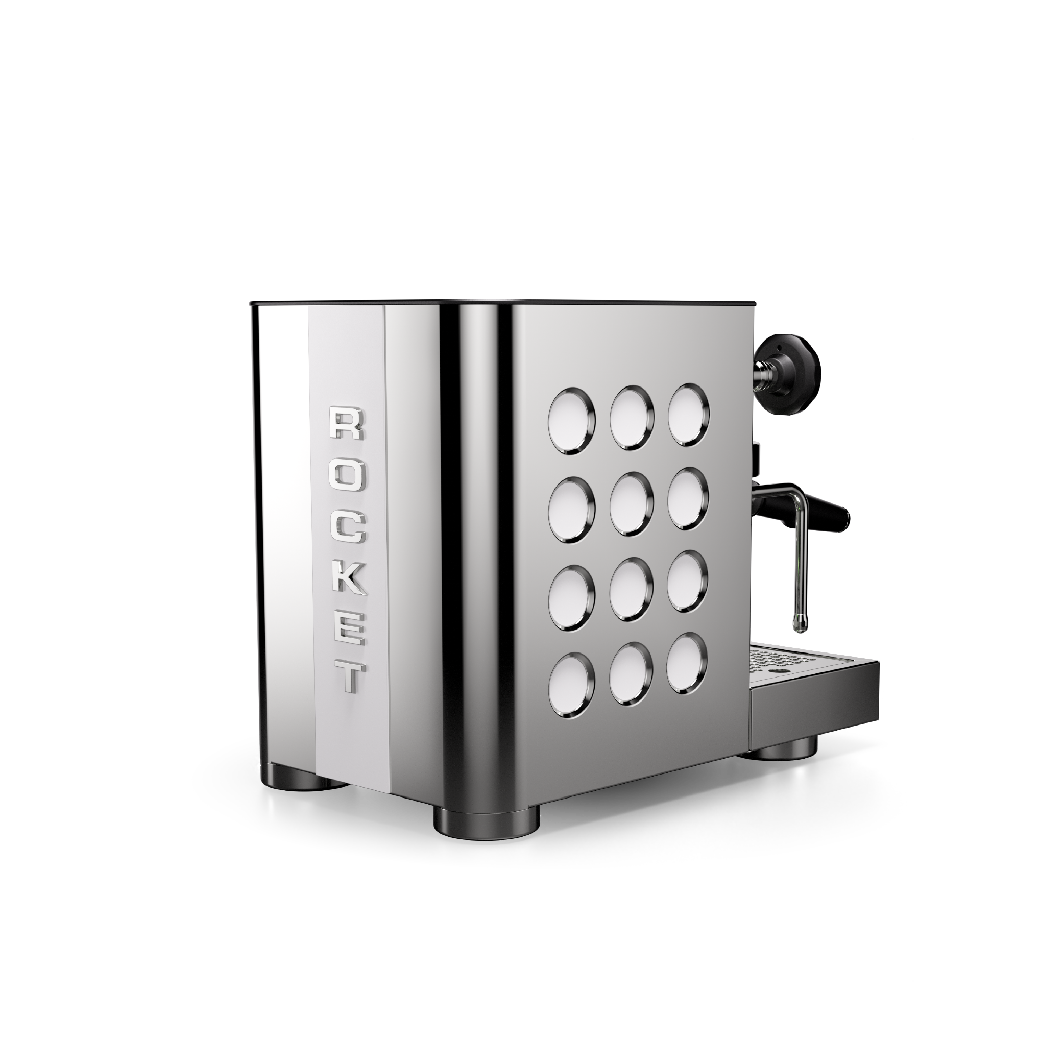 Rocket Appartamento TCA Espresso Machine in stainless steel with white circular side panel. Side view of the machine.