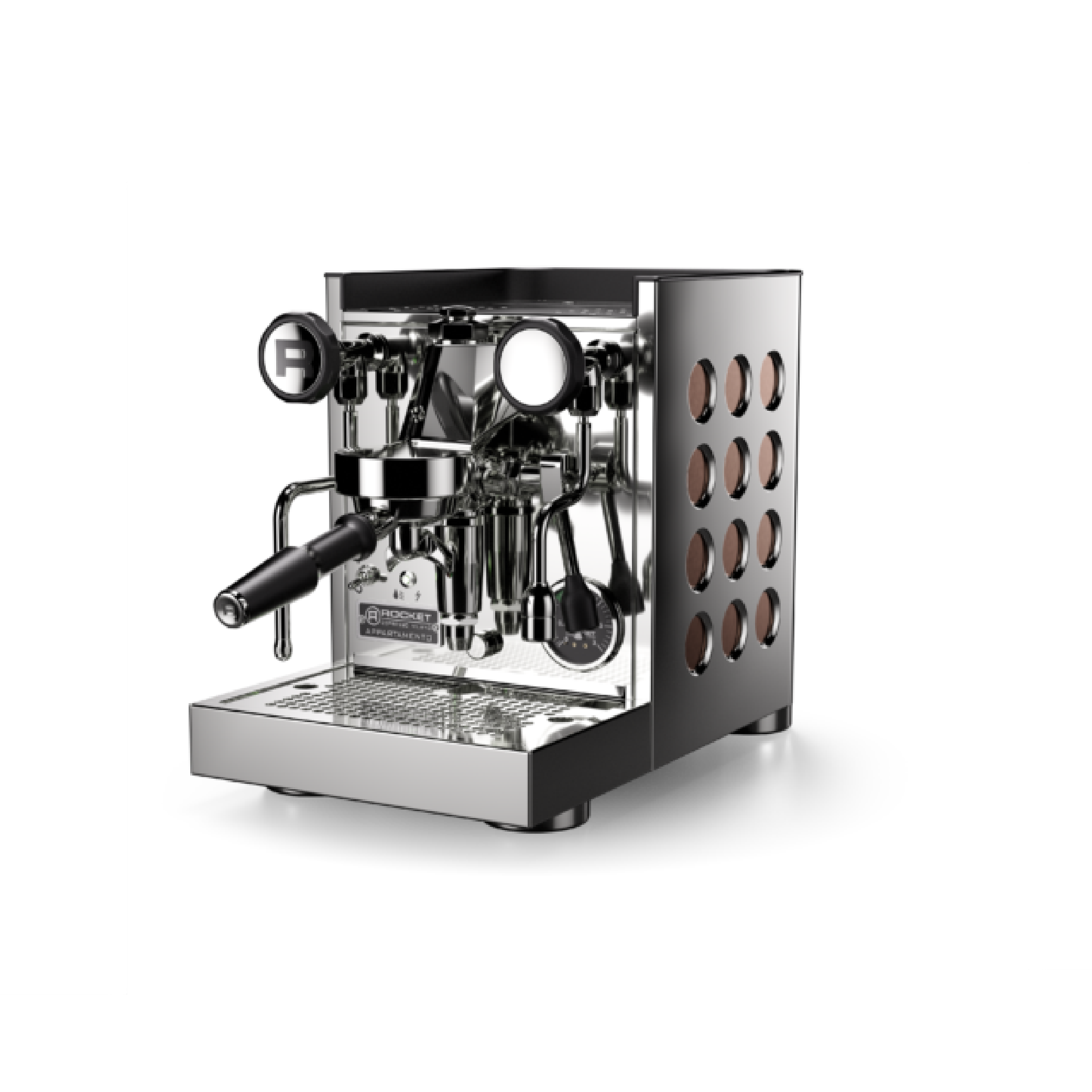 Rocket Appartamento TCA Espresso Machine in stainless steel with copper circular side panel. Front view of the machine.