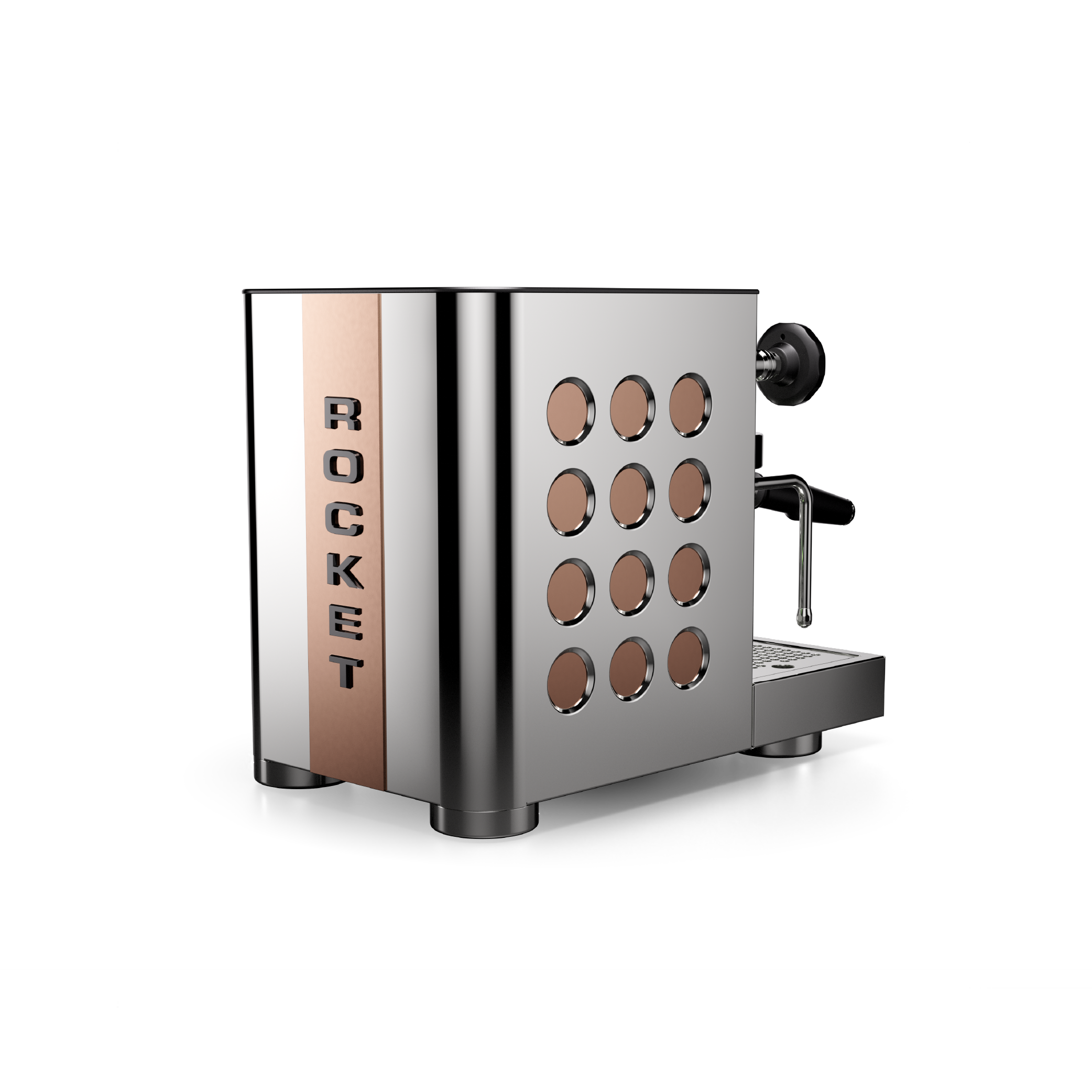Rocket Appartamento TCA Espresso Machine in stainless steel with copper circular side panel. Side view of the machine.