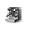 Rocket Appartamento TCA Espresso Machine in stainless steel with black circular side panel. Front view of the machine.