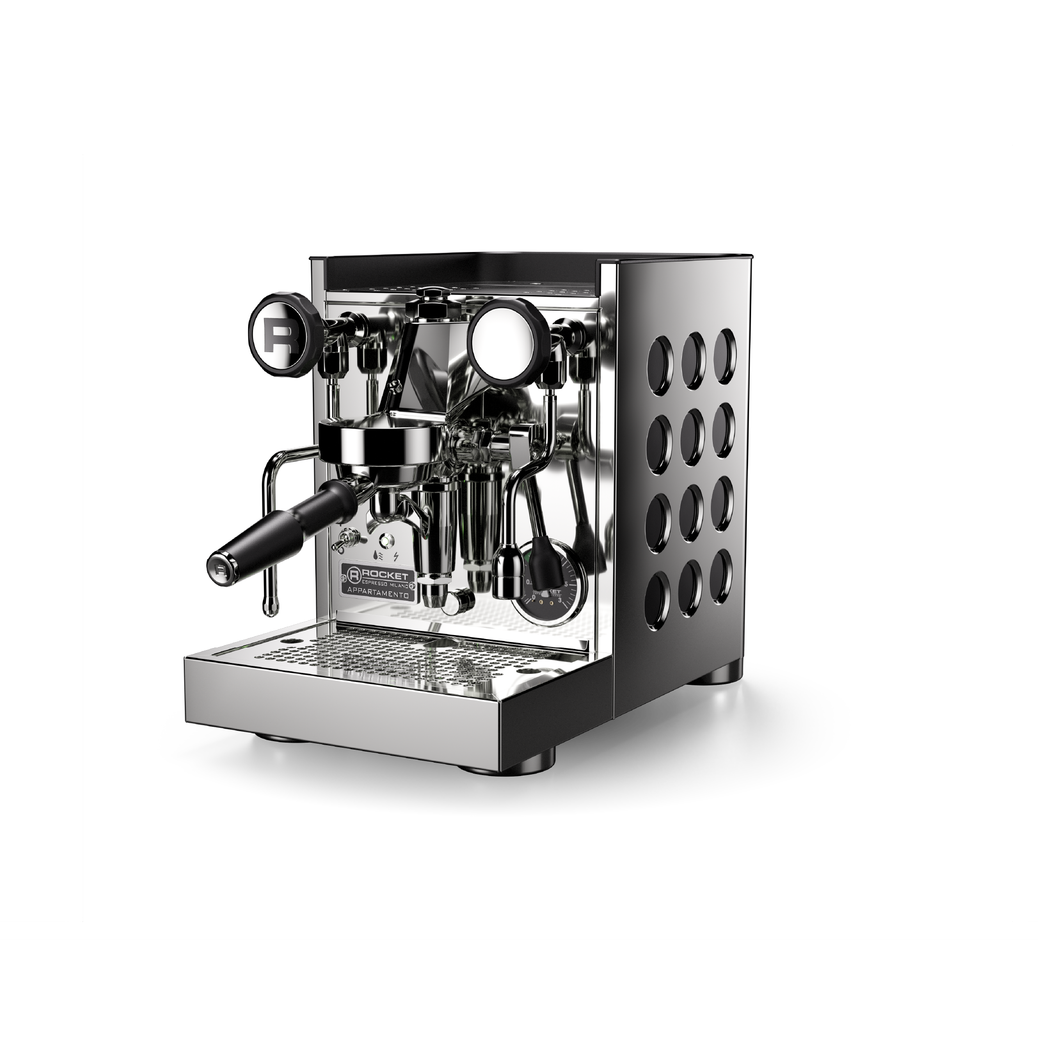 Rocket Appartamento TCA Espresso Machine in stainless steel with black circular side panel. Front view of the machine.