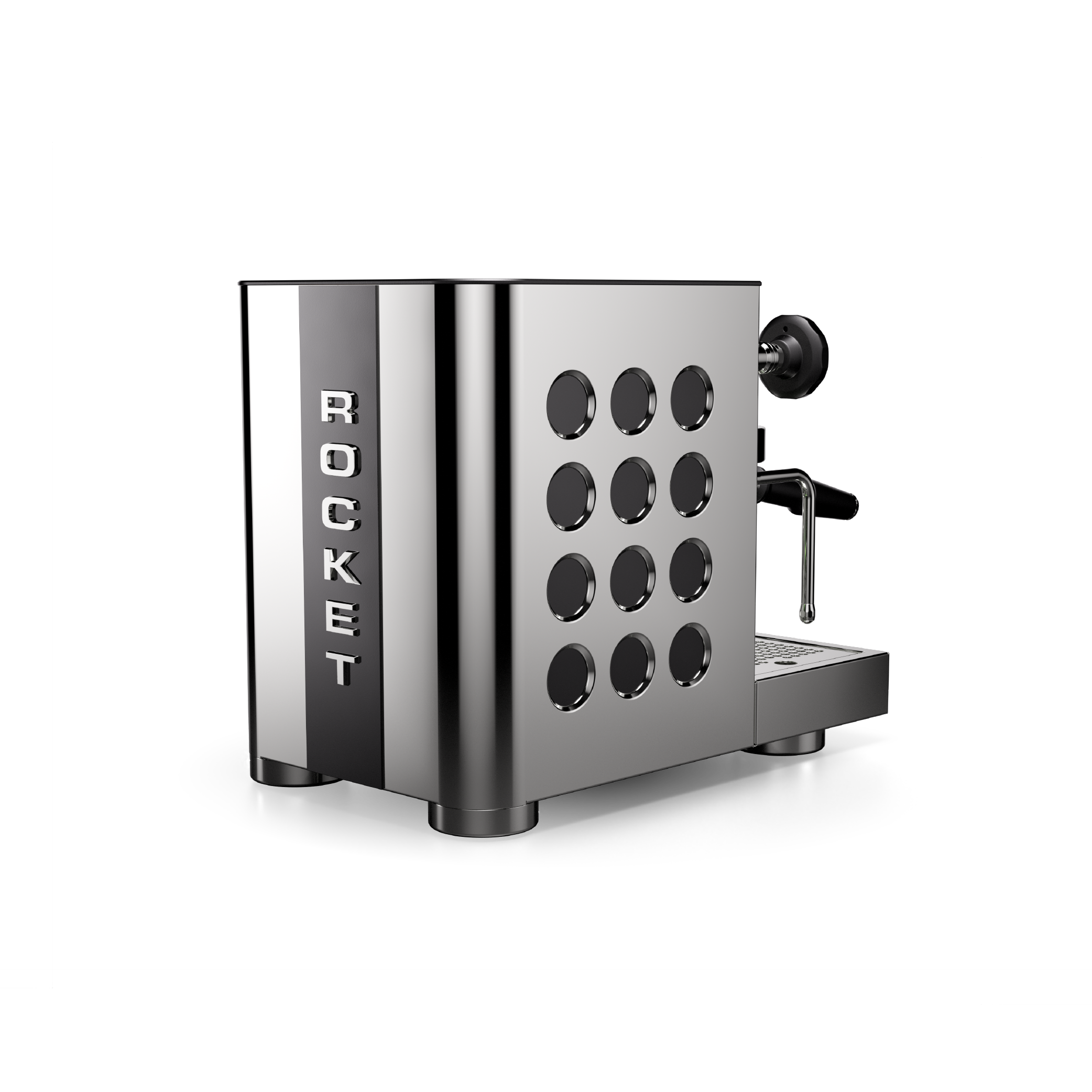 Rocket Appartamento TCA Espresso Machine in stainless steel with black circular side panel. Side view of the machine.