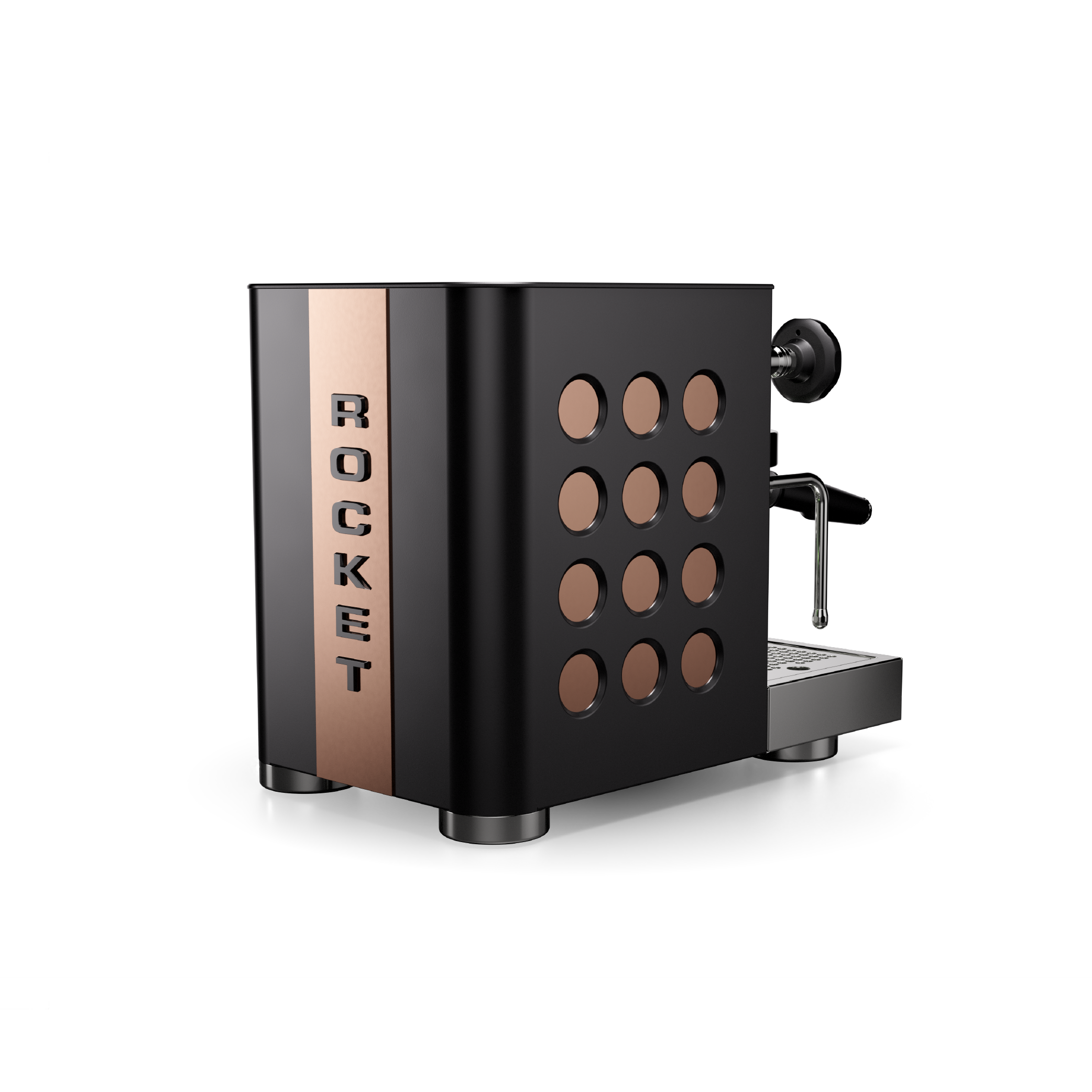 Rocket Appartamento TCA Espresso Machine in black with copper circular side panel. Back view of the machine.