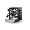 Rocket Appartamento TCA Espresso Machine in black with black circular side panel. Front view of the machine.