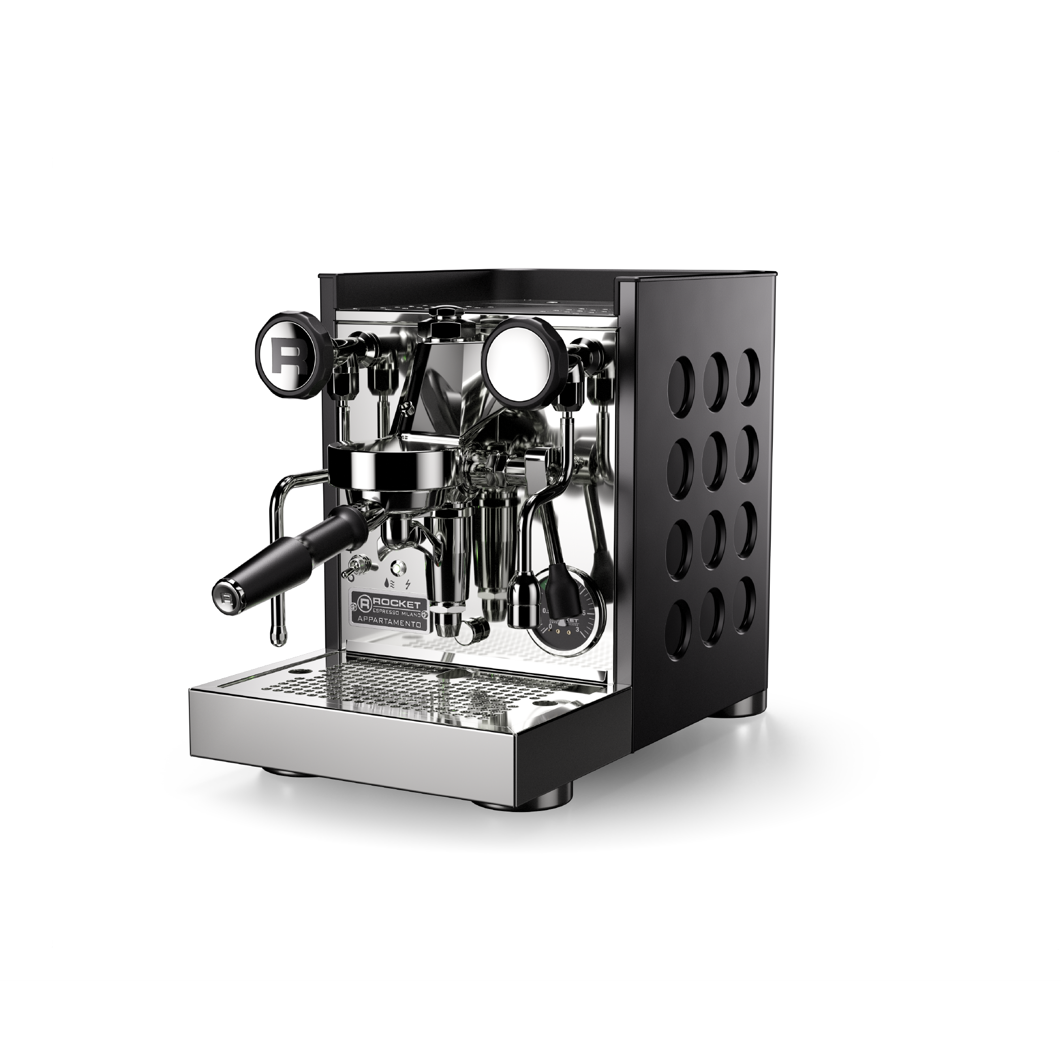 Rocket Appartamento TCA Espresso Machine in black with black circular side panel. Front view of the machine.