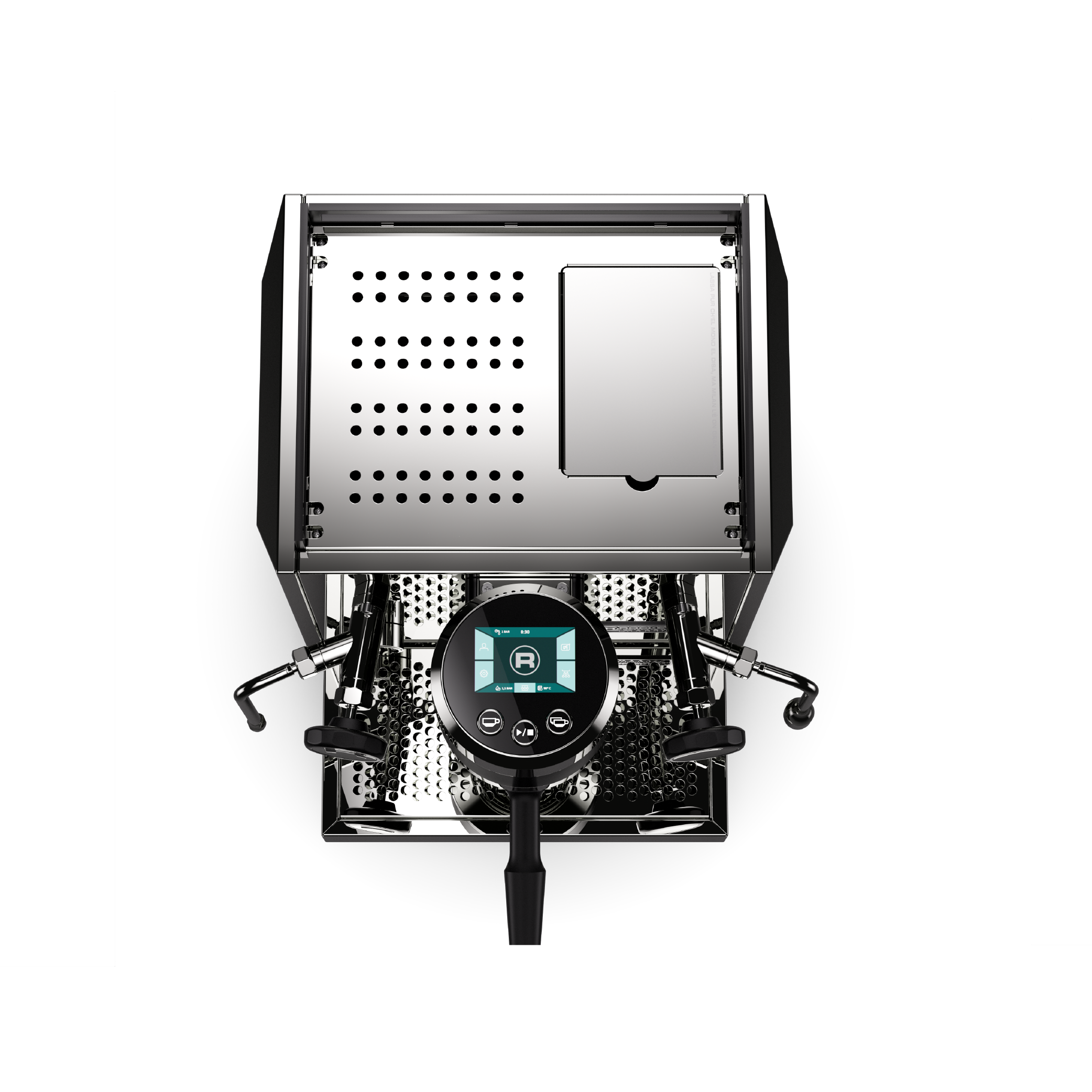 Rocket Biccoca Espresso Machine in stainless steel. Top view of the machine.
