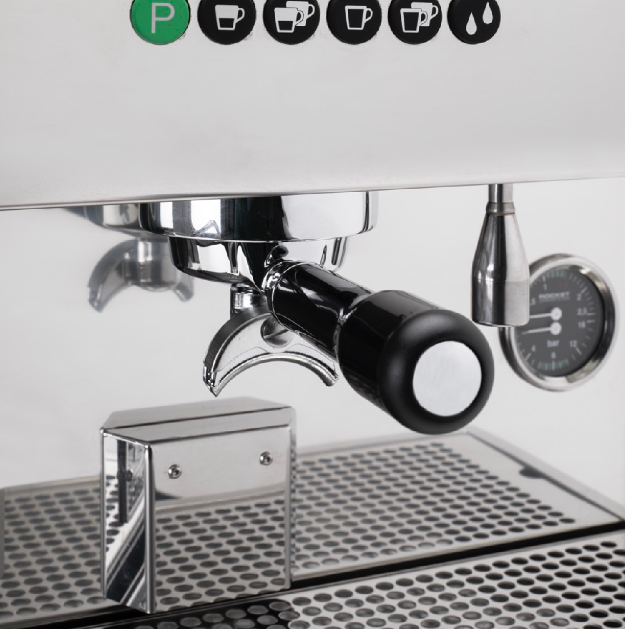Rocket Espresso Boxer Tank Commercial Espresso Machine. Close up of the E61 grouphead, portafilter with double spout and pressure gauge and volumetric touch-pad control buttons.