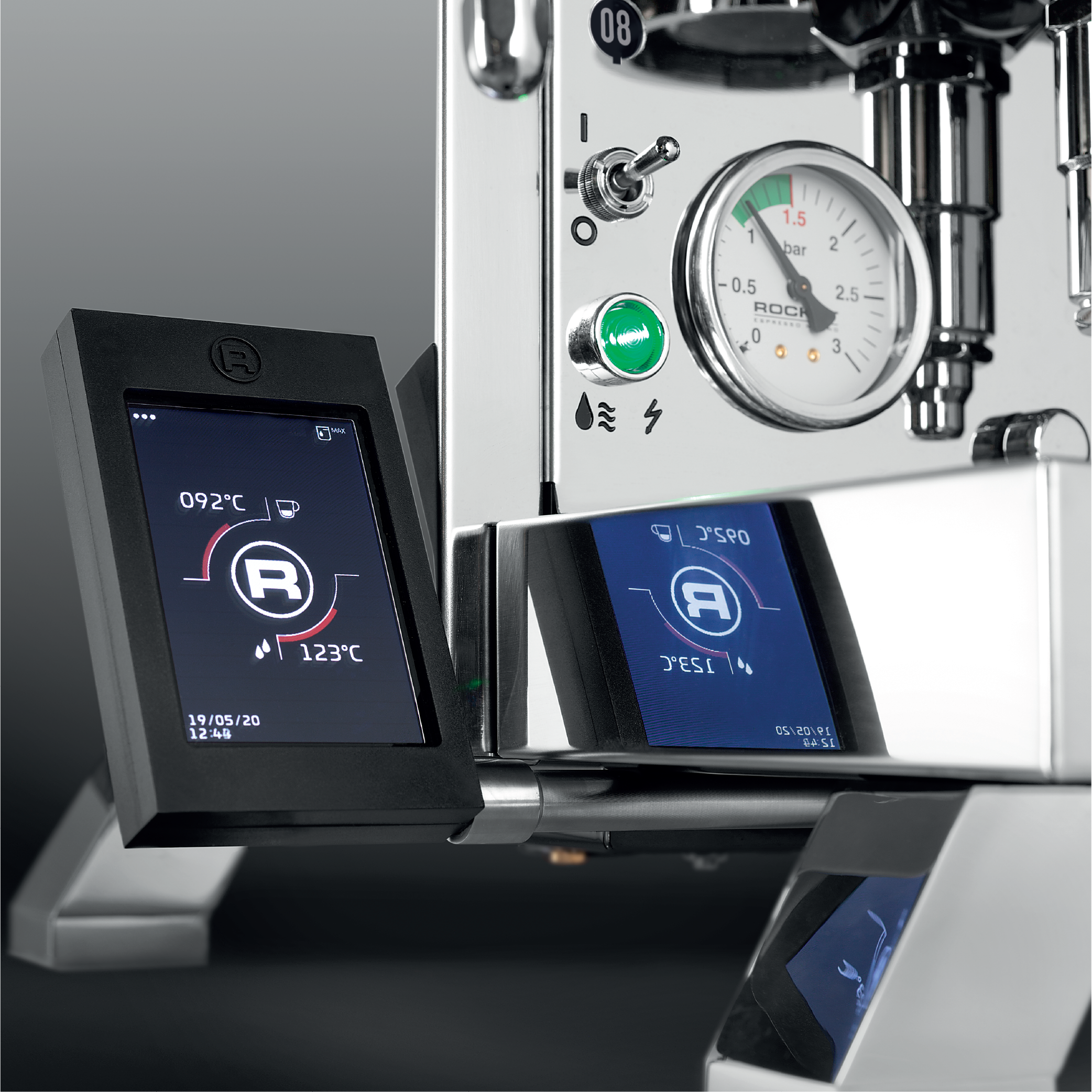 Rocket R Cinquantotto (R58) Espresso Machine. Close up of the external touch screen communication pod.