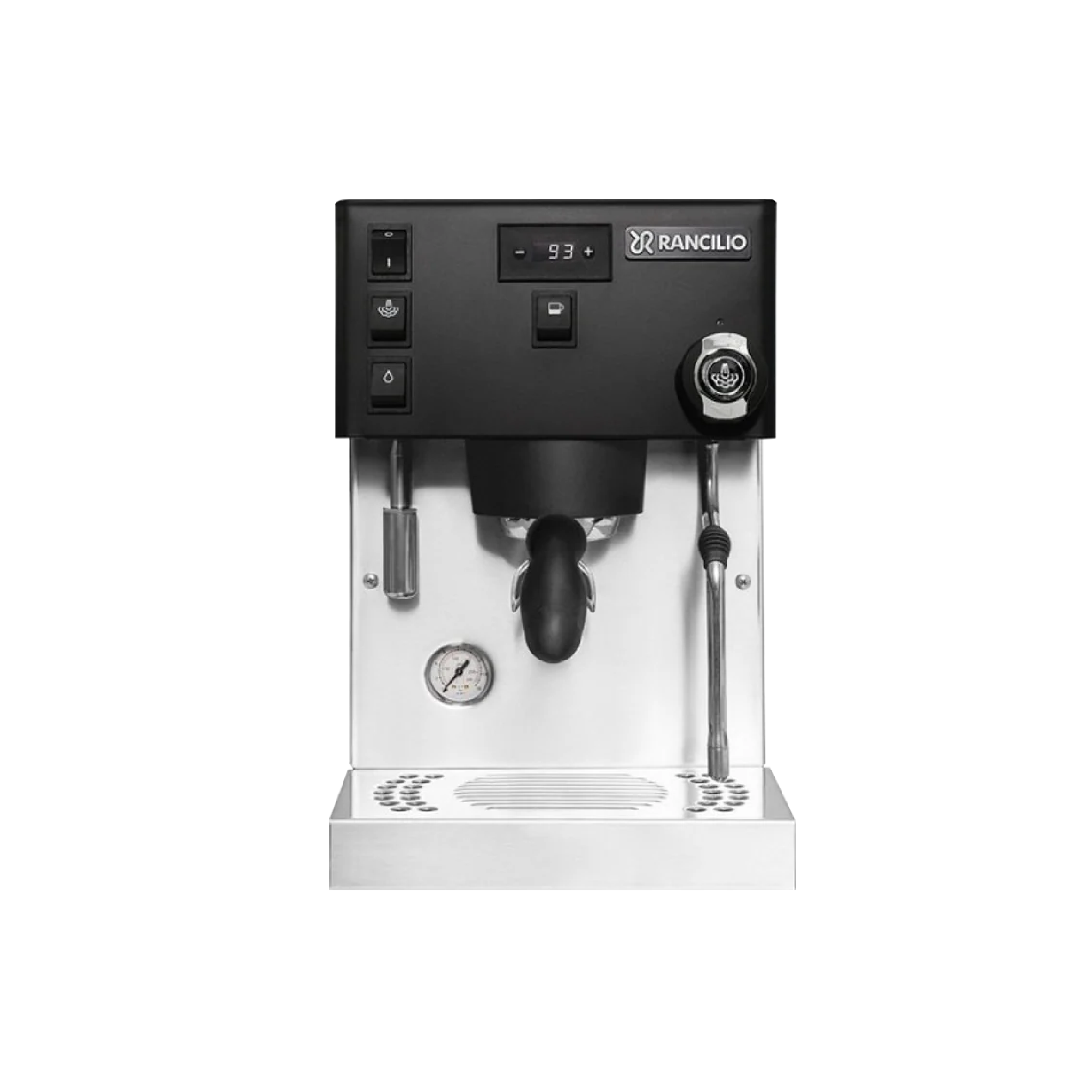 Rancilio Silvia Pro X Espresso Machine in black. Front view of the machine.