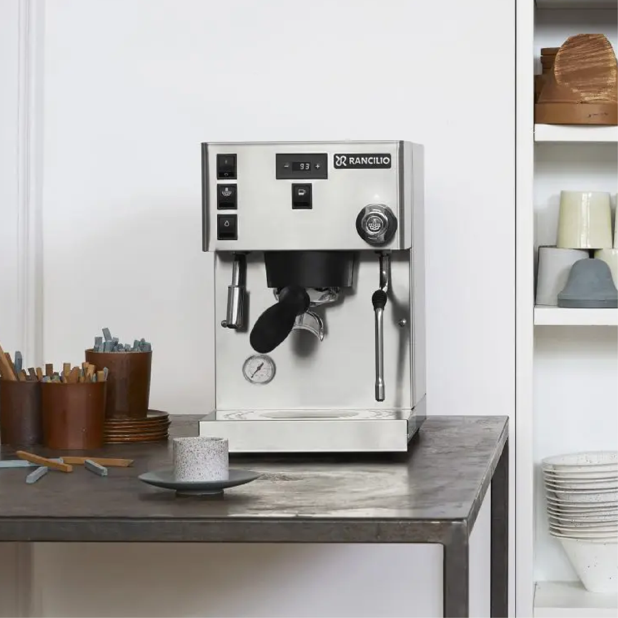 Rancilio Silvia Pro X Espresso Machine in stainless steel. Front view of the machine on countertop.
