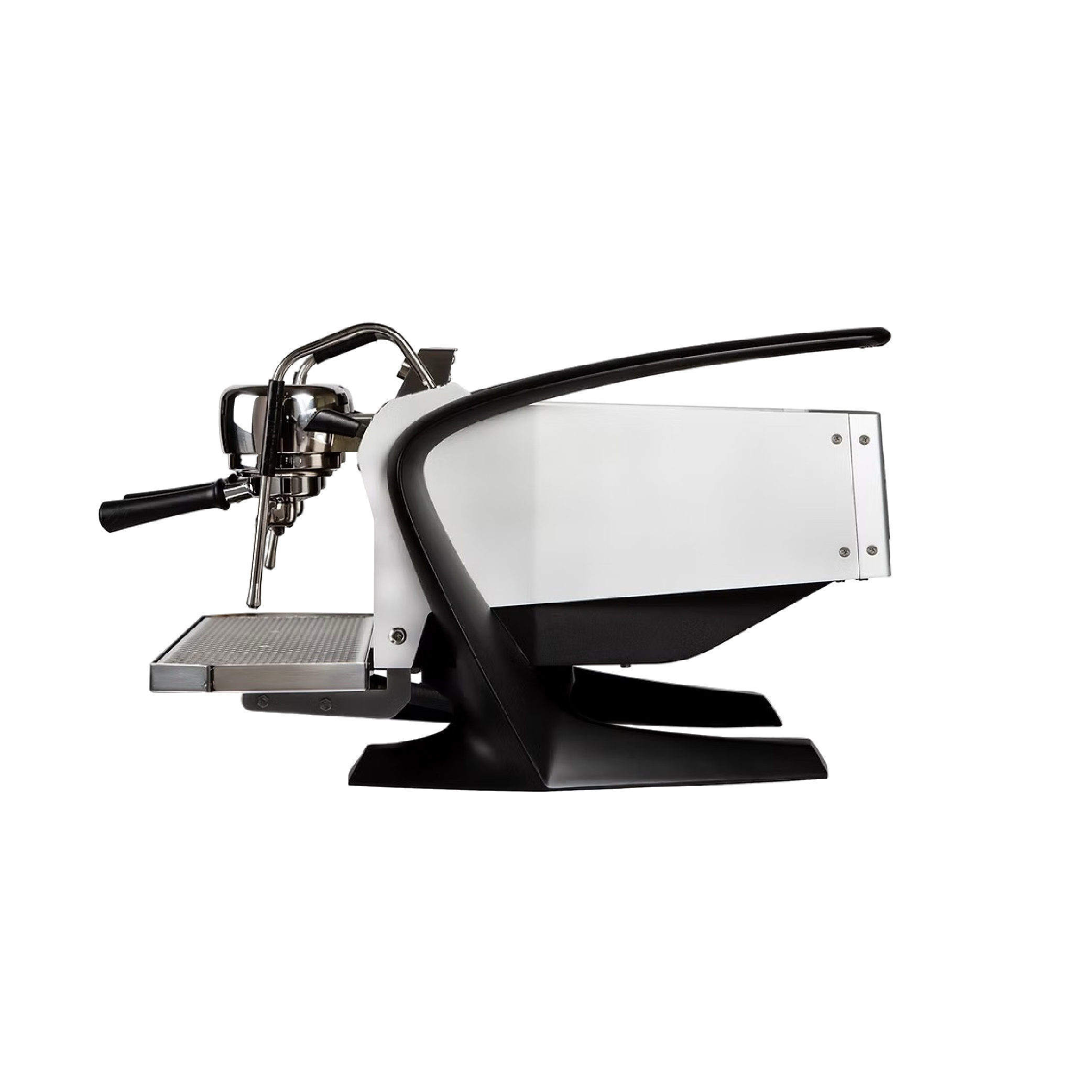Slayer Steam EP Commercial Espresso Machine in anodized aluminium body and matte black wings. Side view of the machine.