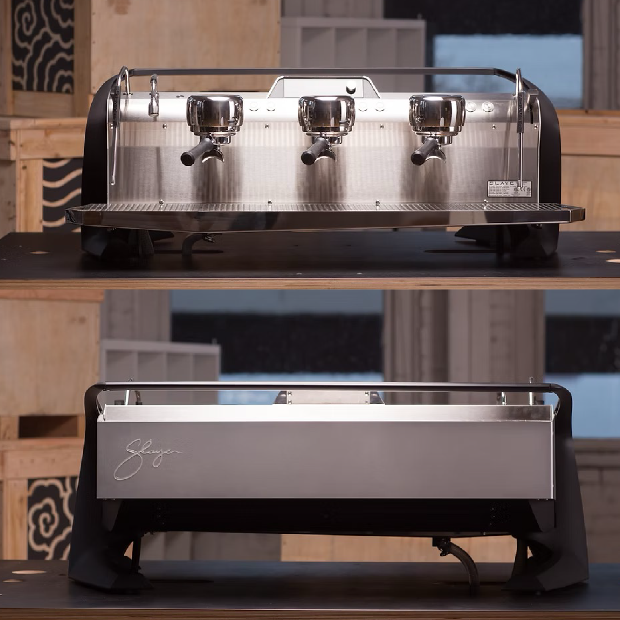 Slayer Steam EP Commercial Espresso Machine 3 grouphead. Front view and back view of the machine.