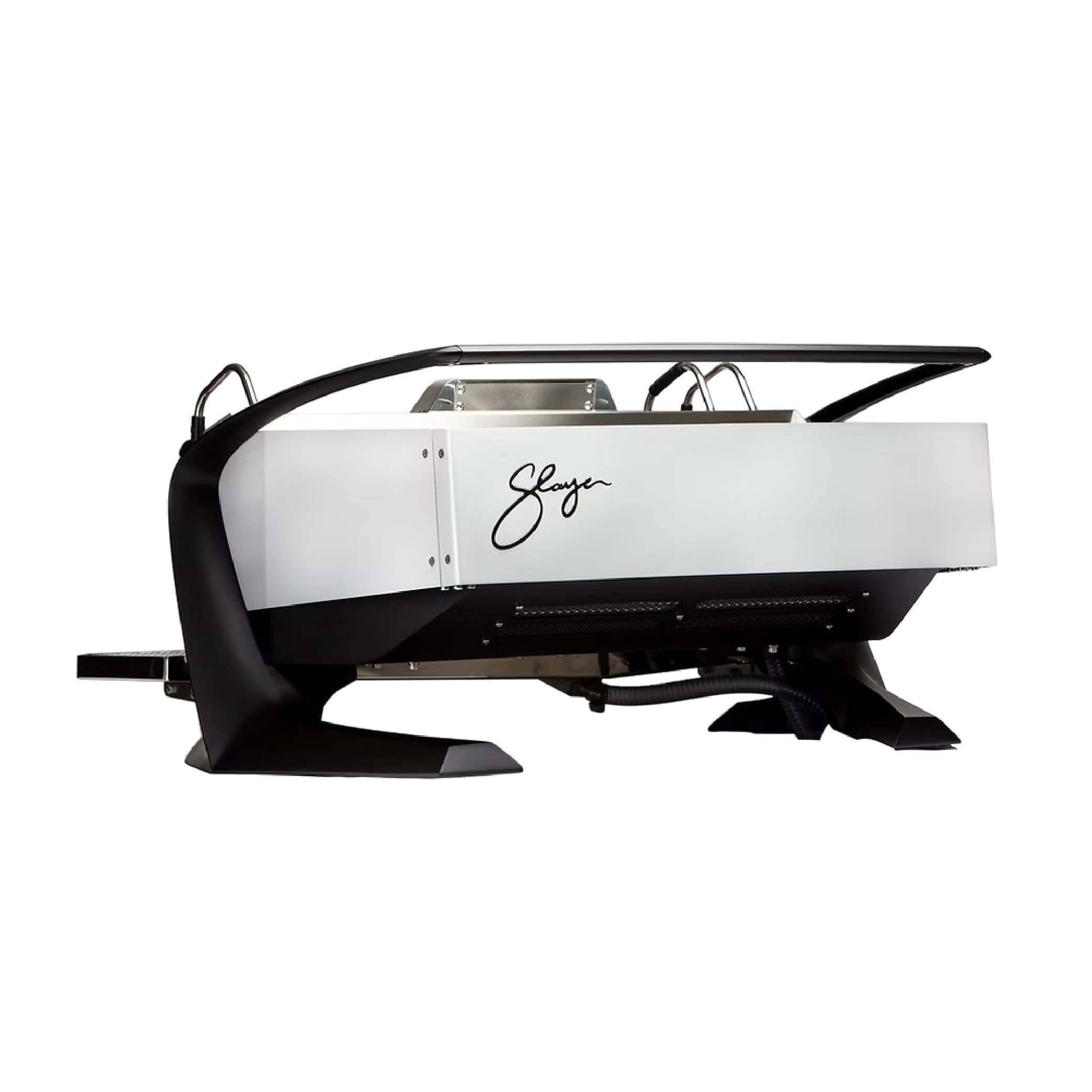 Slayer Steam EP Commercial Espresso Machine in anodized aluminium body and matte black wings. Back view of the machine.