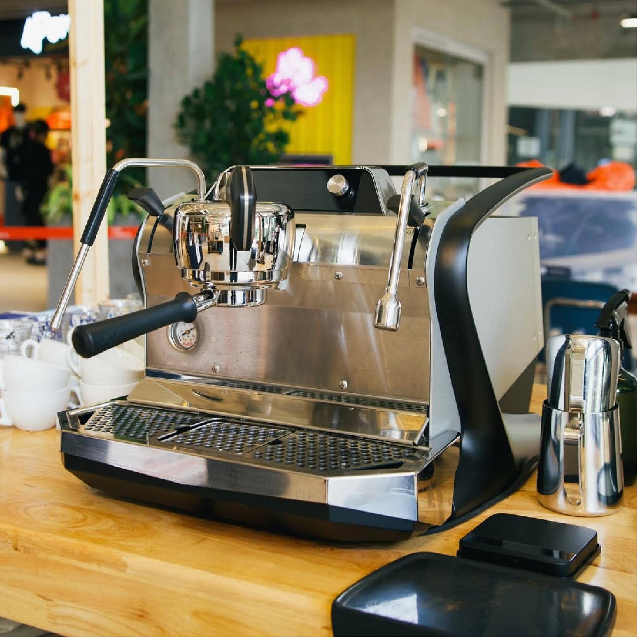 Slayer Steam Single Group Espresso Machine. Front view of the machine on countertop.