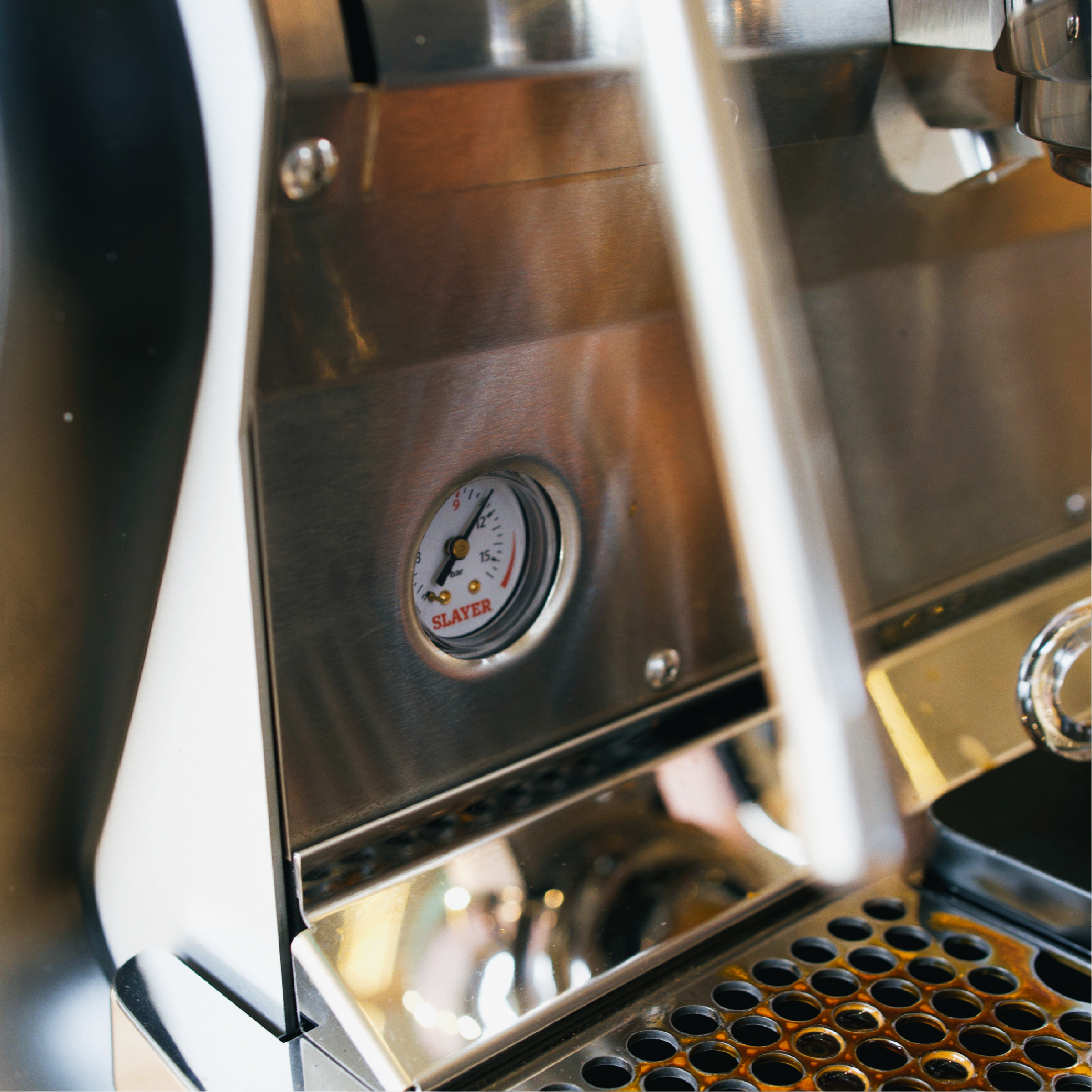 Slayer Steam Single Group Espresso Machine. Close up of the pressure gauge.