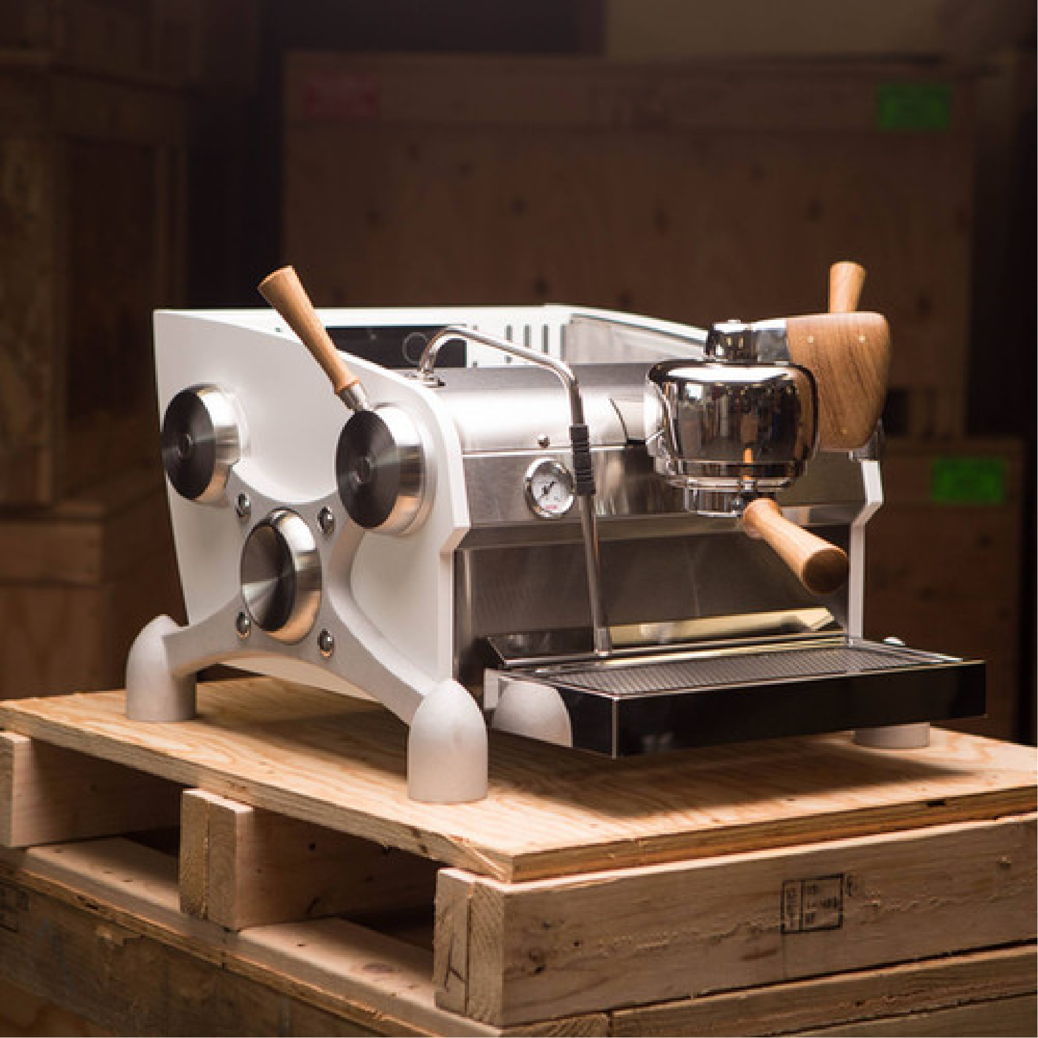 Slayer Espresso Single Group Espresso Machine with matte white side panel. Front view of the machine.