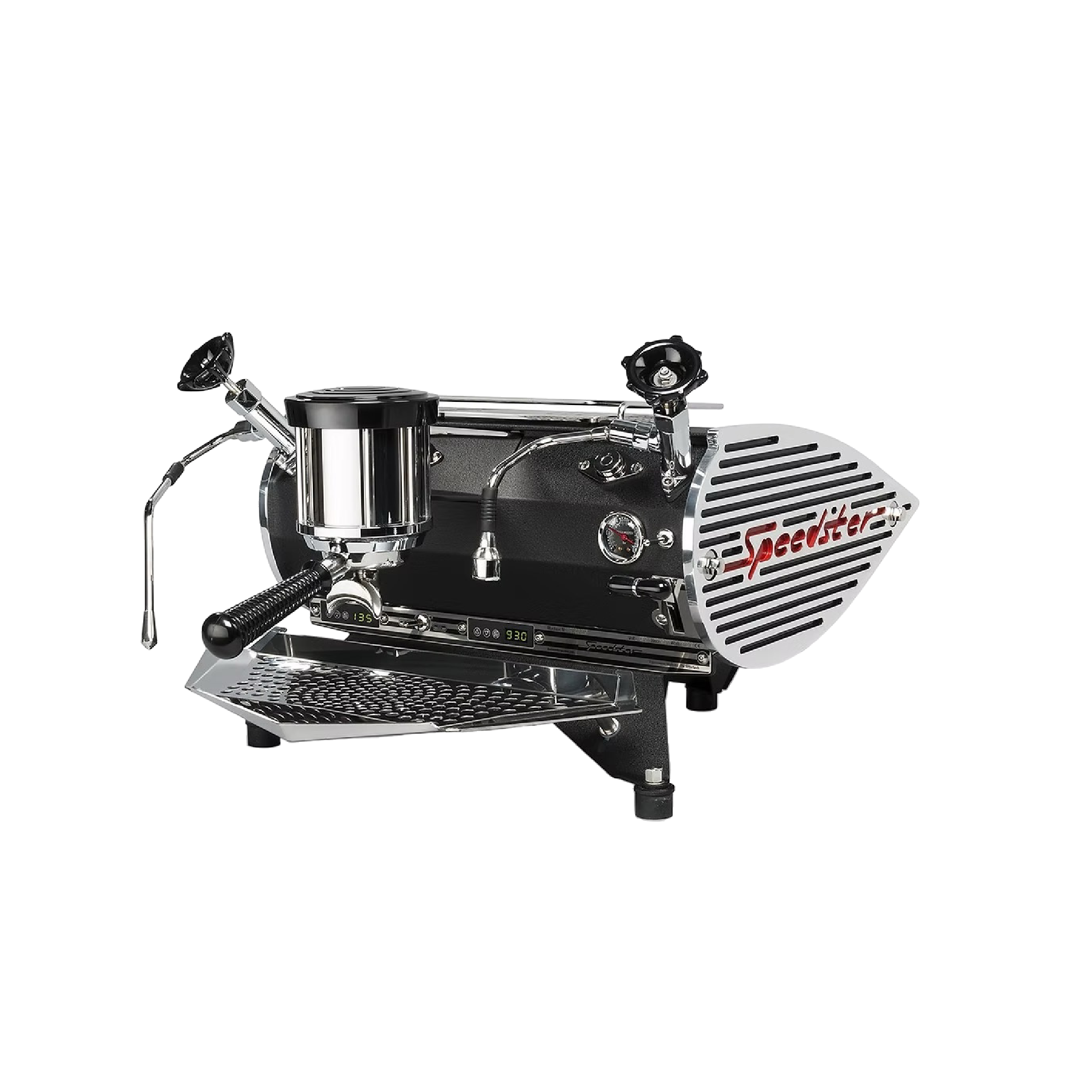Kees Van Der Westen Speedster. Front view of the machine with crackle black front panel and standard chrome racing stripe side panel.