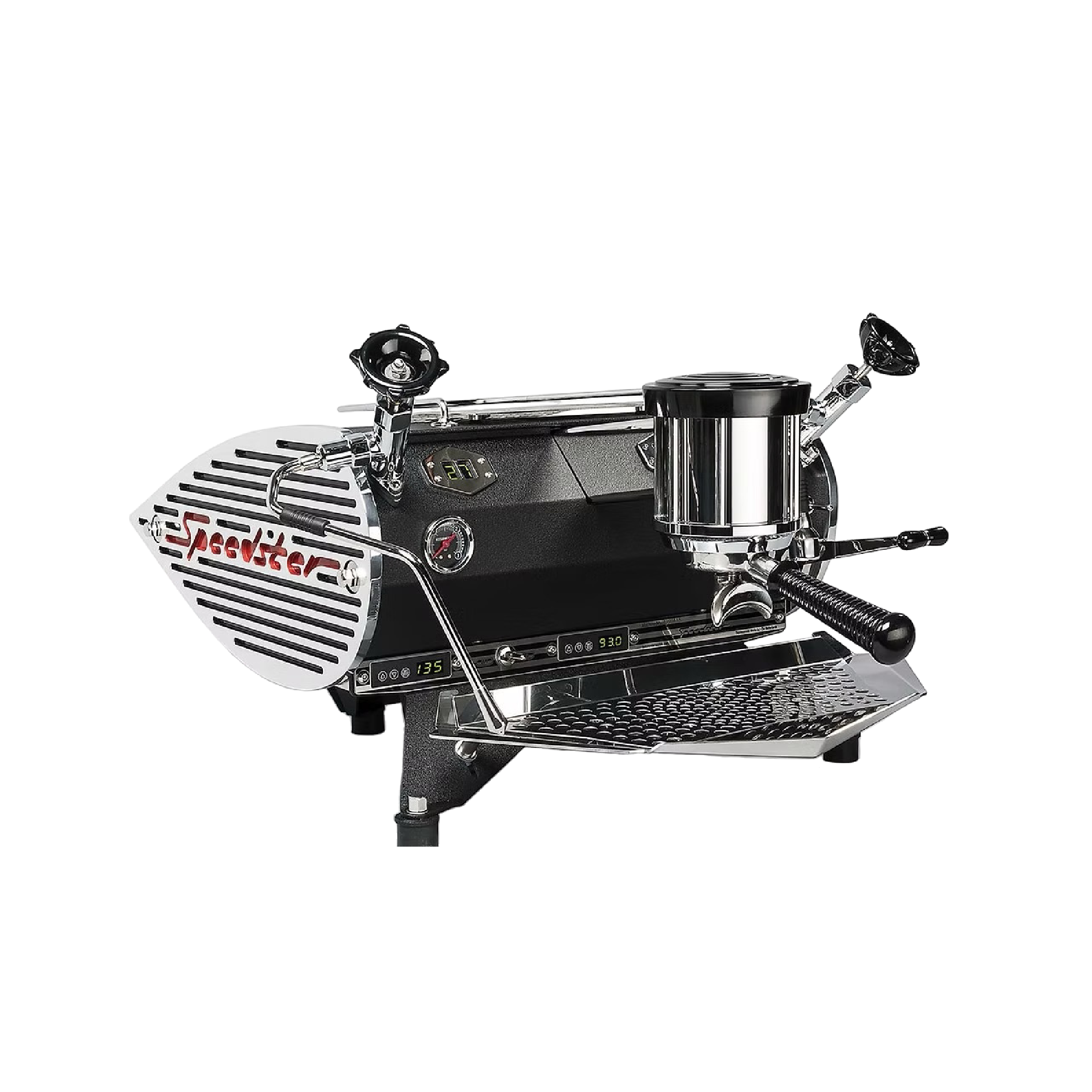 Kees Van Der Westen Speedster. Front view of the machine with crackle black front panel and standard chrome racing stripe side panel.
