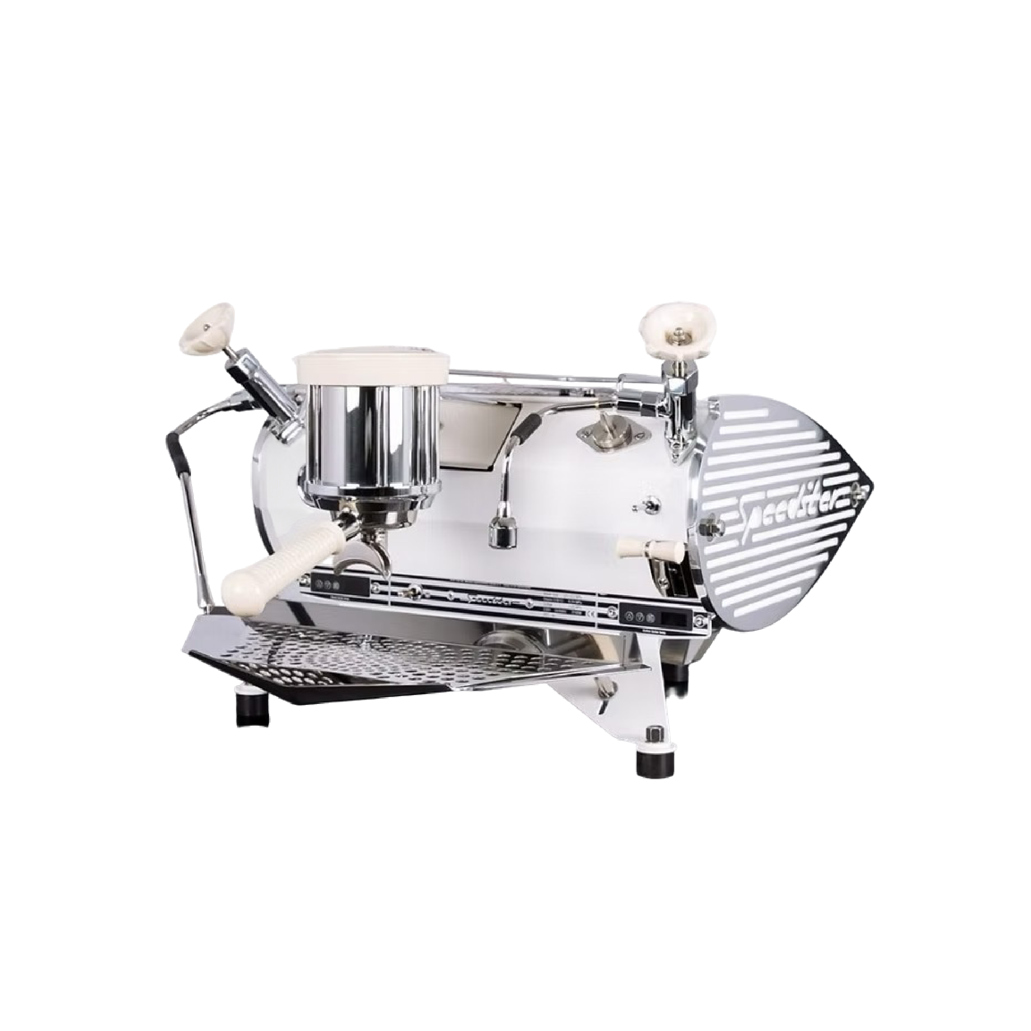Kees Van Der Westen Speedster in matte pure white and chrome racing stripe side panel with white accents. Front view of the machine.