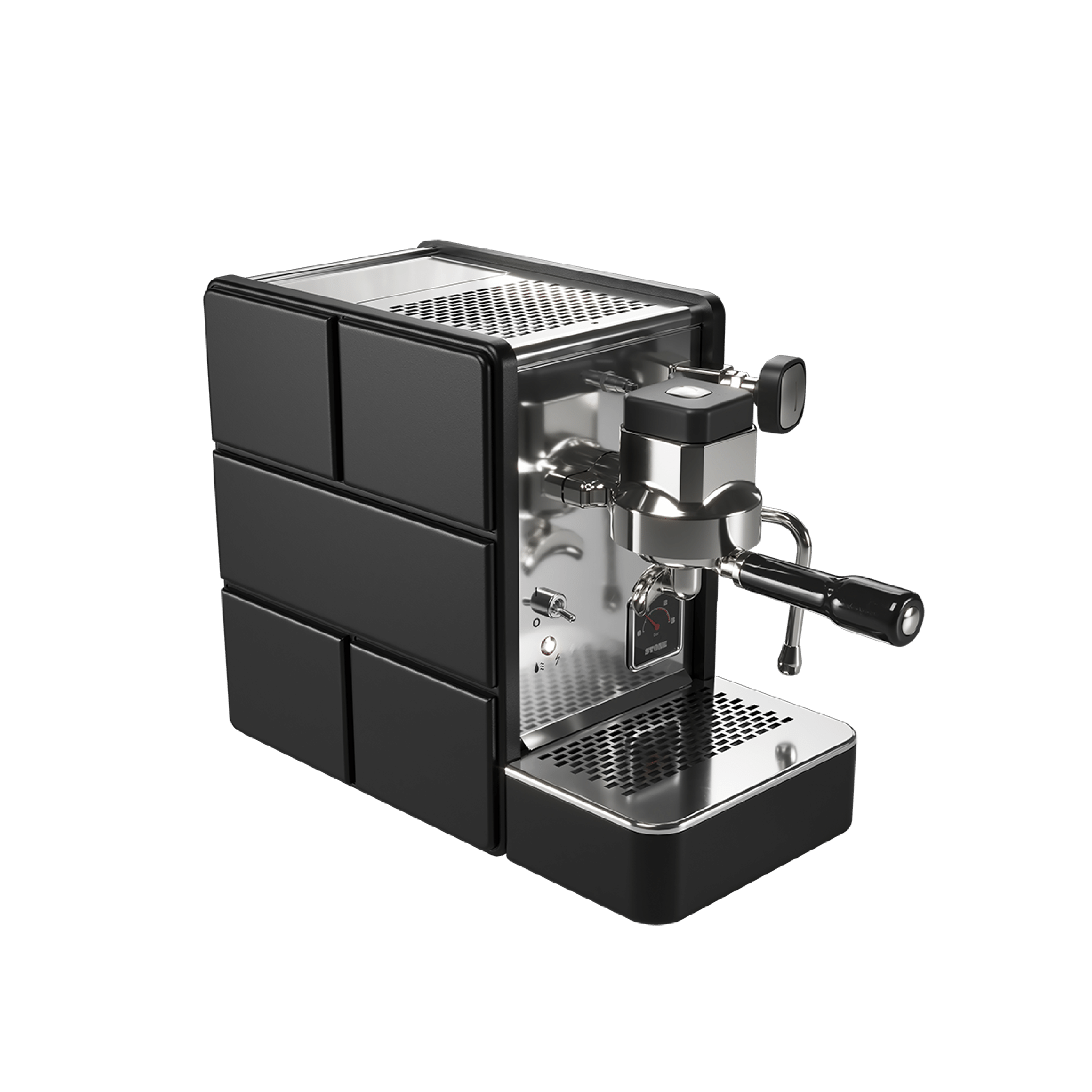 Stone Espresso Machine in plus black. Front view of the machine.