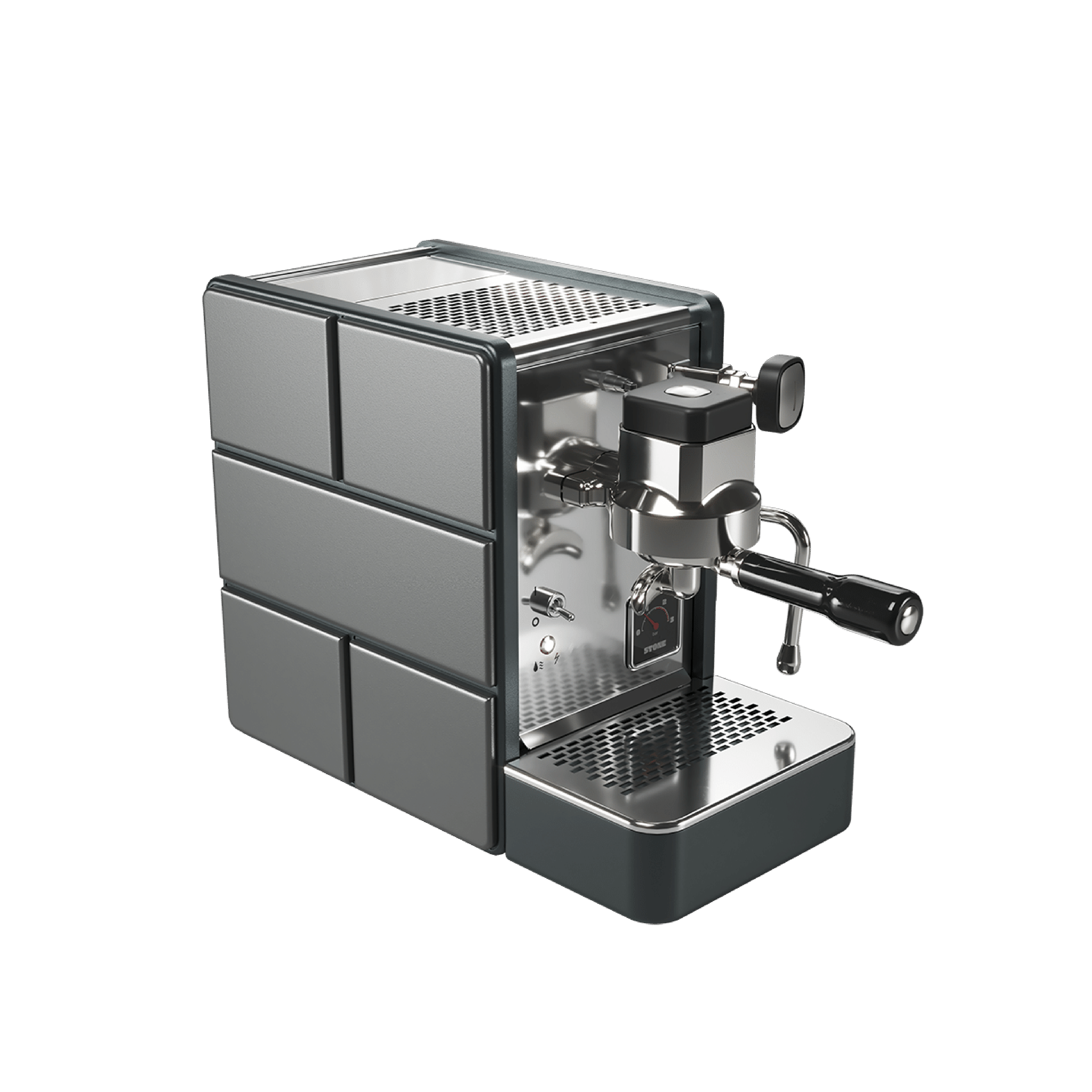 Stone Espresso Machine in pure grey. Front view of the machine.
