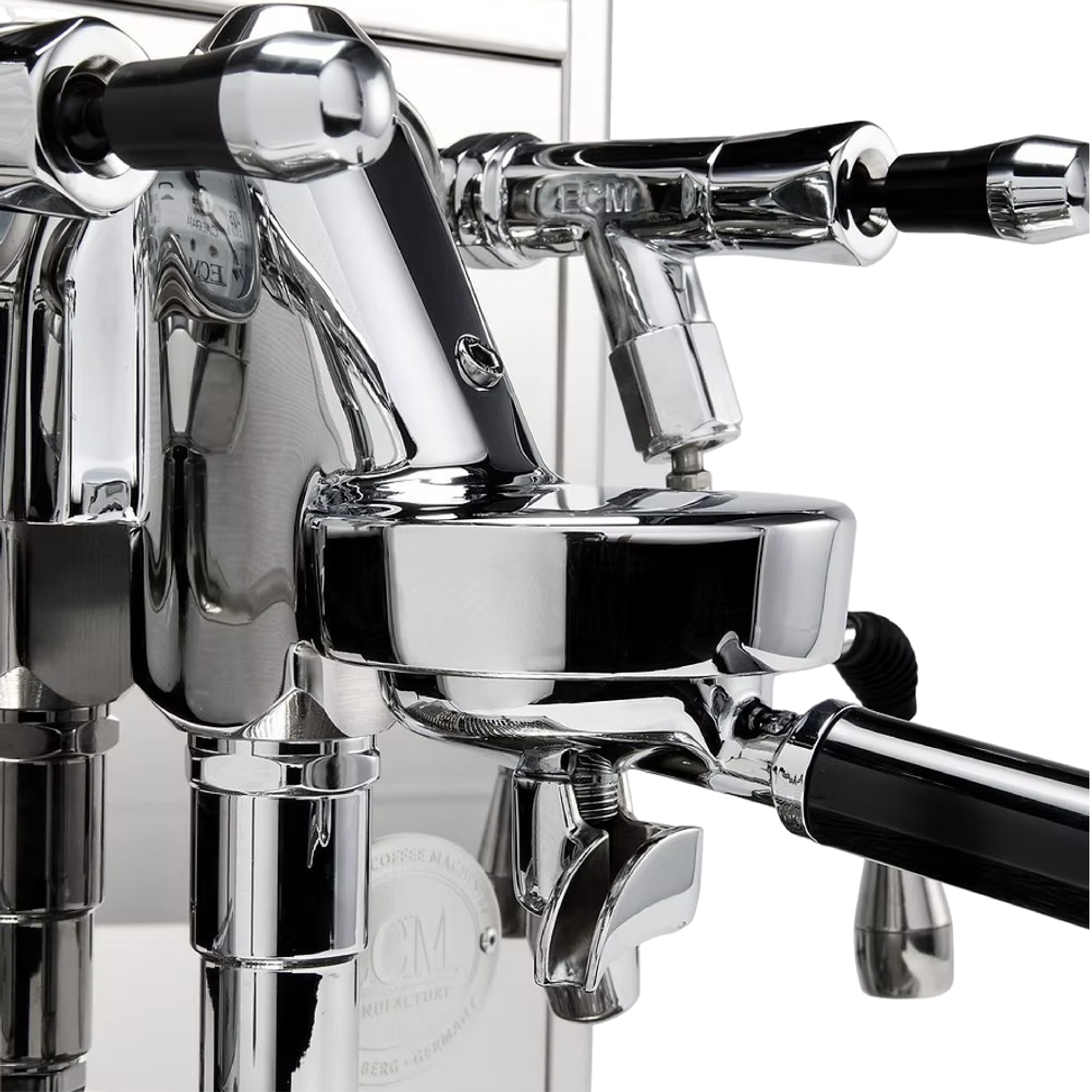 ECM Technika V Profi PID Espresso Machine. Close up of E61 grouphead and steam joystick.