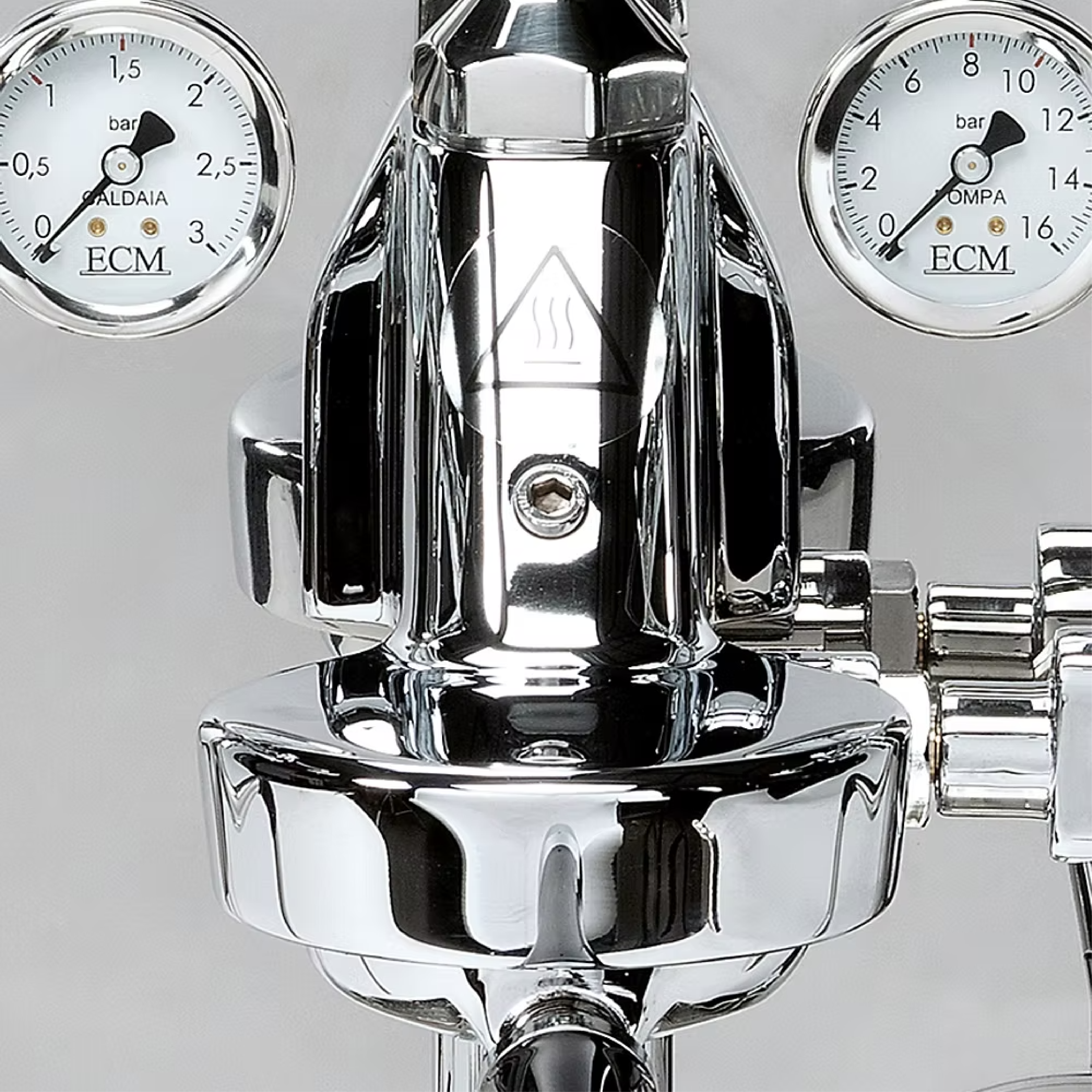 ECM Technika V Profi PID Espresso Machine. Close up of E61 grouphead, pump pressure gauge and boiler pressure gauge.